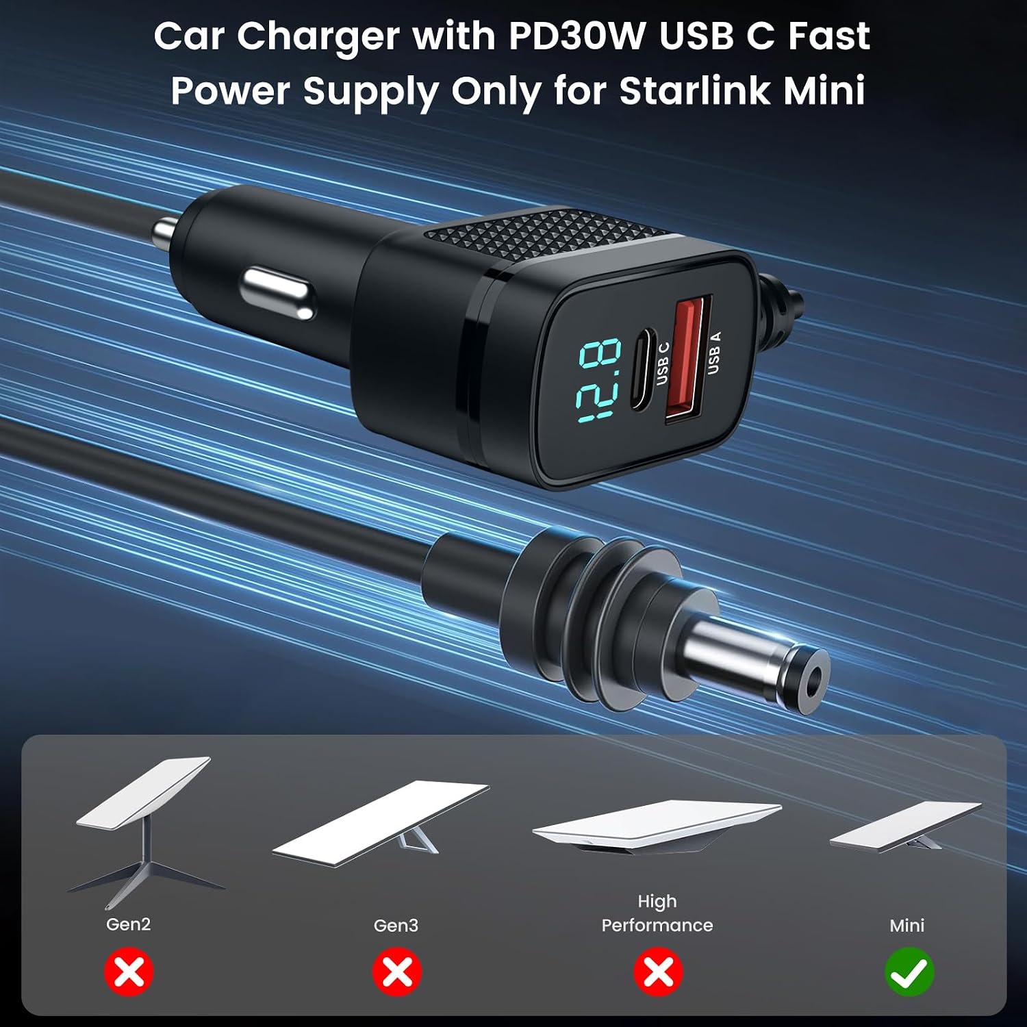 weishan 16ft Car Charger Cable for Starlink Mini, 12V-48V Car Charging Cord, PD30W USB-C and USB Digital Display Power Supply Adapter for Satellite, 5m Long, 18AWG