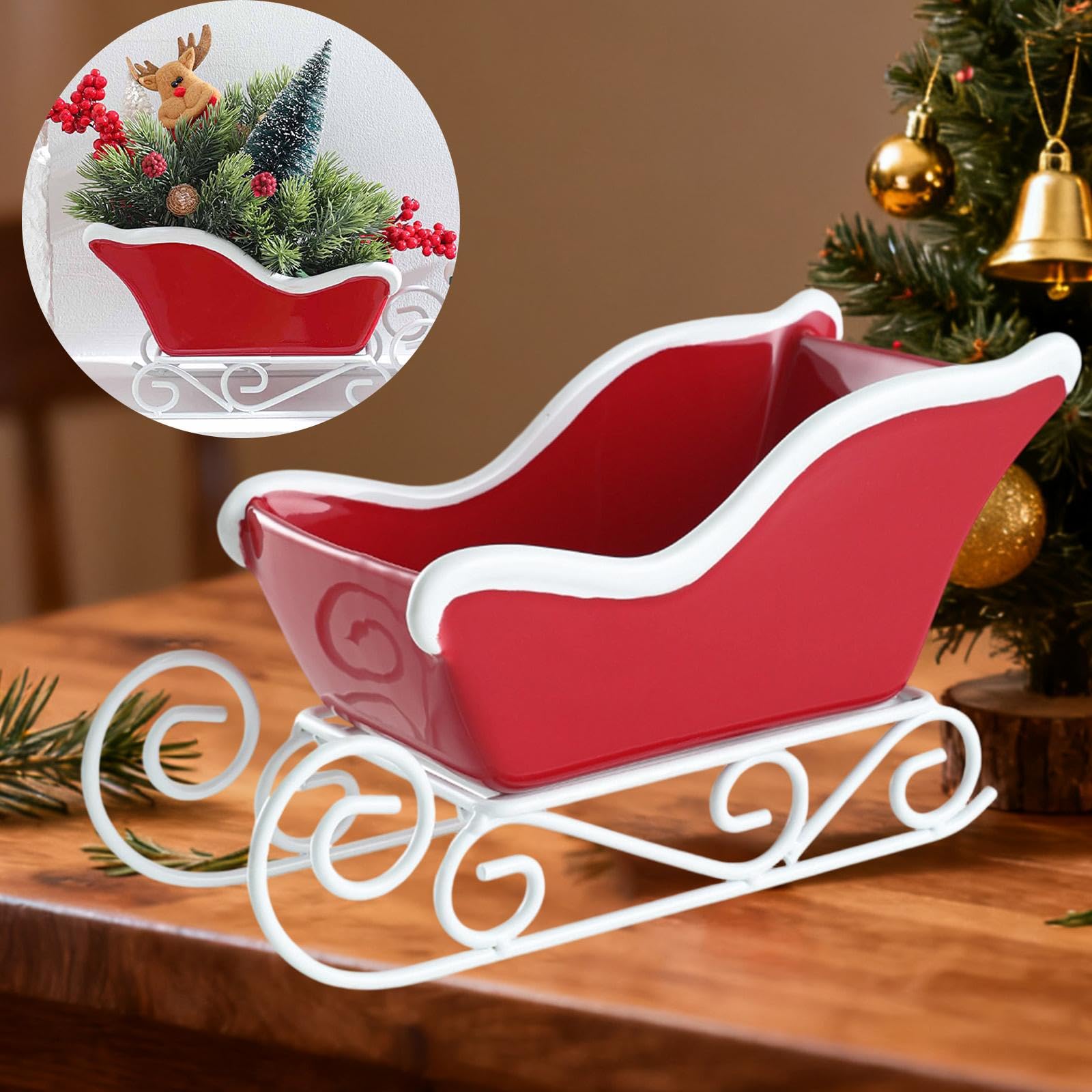 HQHYGM Świąteczne sanie Ozdoba ół, do przechowywania Organizer biurko Zaopatrzenie firm Kosz w kształcie sań Miska cukierki na prezent Xmas Home, zielony