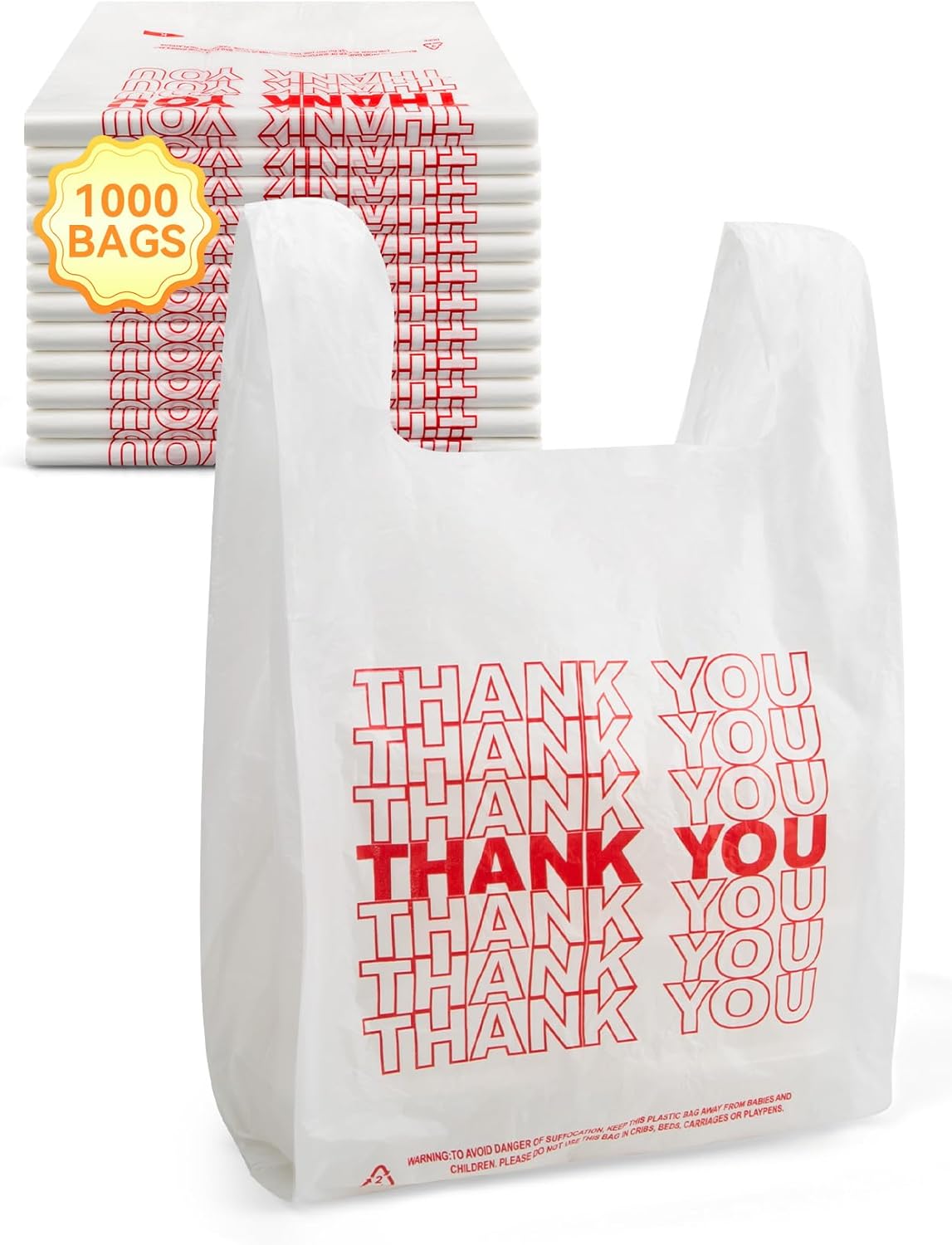 1000 Count Thank You Plastic Bags with Handles, 12″ x 6″ x 22″, 14 Mic White Grocery Bags – Ideal for Grocery Stores, Retail, Restaurants, and Takeout