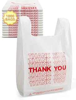 1000 Count Thank You Plastic Bags with Handles, 12" x 6" x 22", 14 Mic White Grocery Bags - Ideal for Grocery Stores, Retail, Restaurants, and Takeout