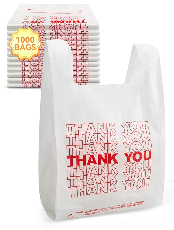UMT Plastar 1000 Count White Thank You Plastic Bags with Handles, 12" x 6" x 22", 15 Mic T Shirt Plastic Grocery Bags for Grocery Stores, Retail, Restaurants and Takeout by UMT Plastar - Used condition - US$26.12