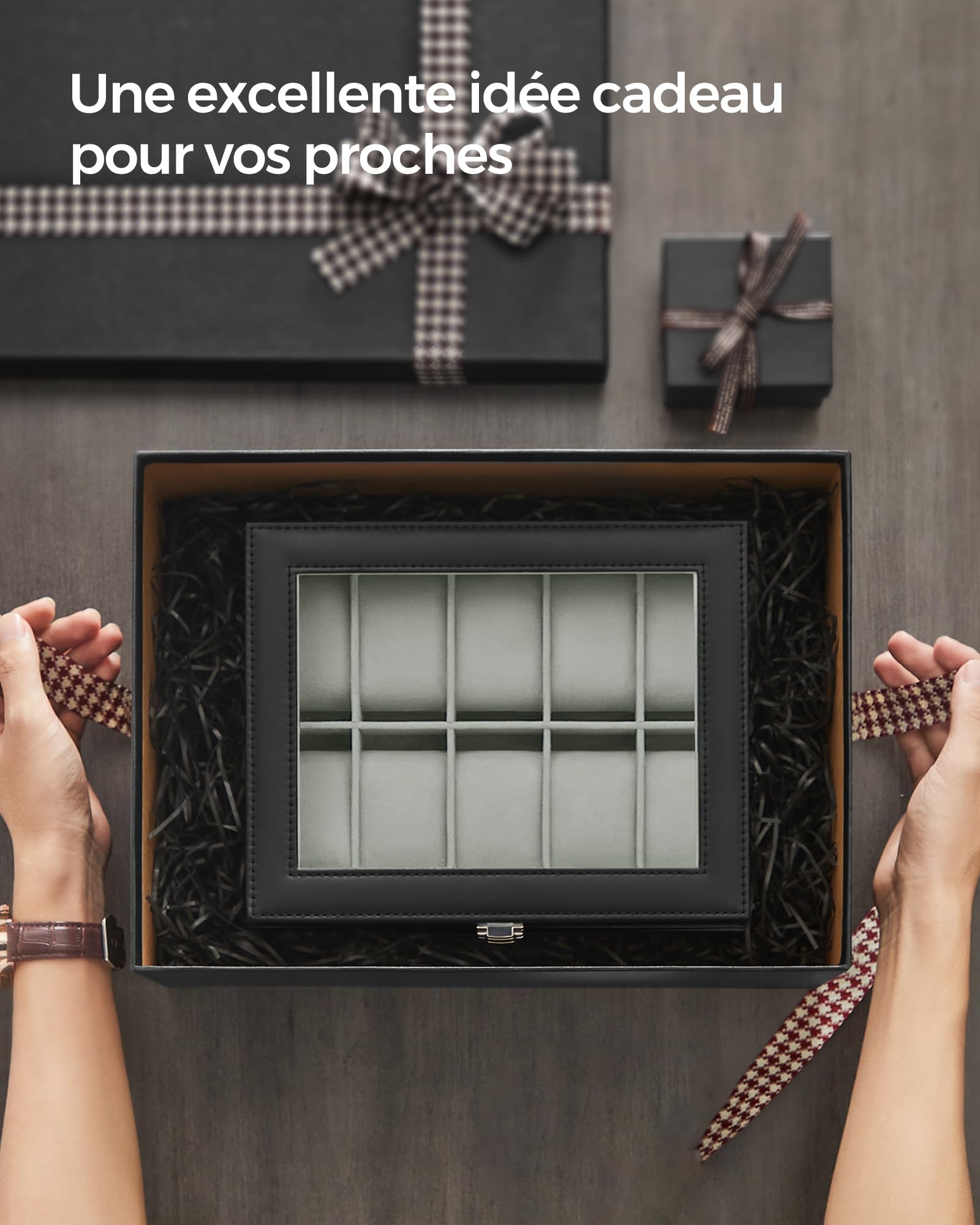 SONGMICS Boîte à Montres à 10 Emplacements, Coffret à Montres, Écrin, Couvercle en Verre, Coussinets Amovibles, Serrure en Métal, Revêtement en Noir et Doublure en Gris Verdâtre JWB010BK