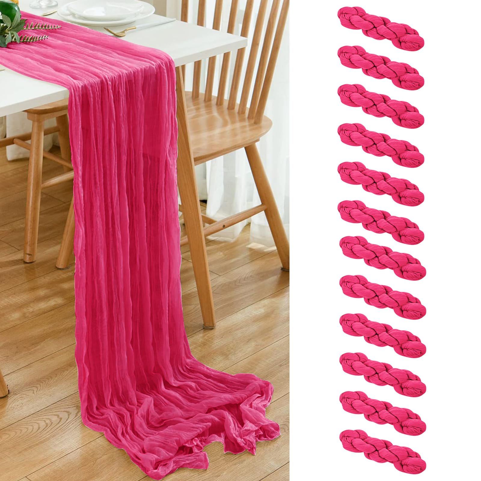 Photo 1 of 12 Pack Hot Pink 10 Ft Cheesecloth Table Runner 21x120 Inch Boho Wrinkled Sheer Romantic Gauze Decor for Wedding, Bridal Shower, Birthday Party