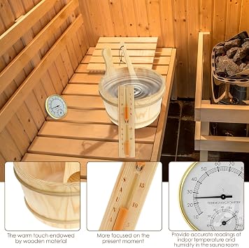 4Pcs Sauna Accessories Set Wood Sauna Bucket Sauna Spoon with Long Handle Design 2 in 1 Sauna Thermometer and Hygrometer Hourglass Timer Easy to Use Sauna Kit Suitable for Home(Sauna 4 -piece set)