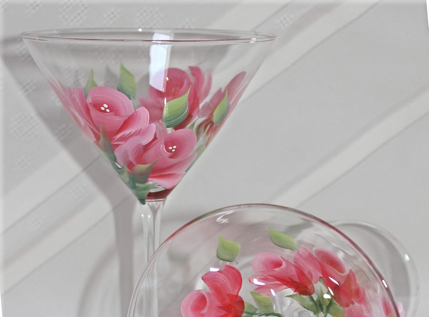 Hand Painted Martini Glasses - Roses Pink-Red (Set of 2)