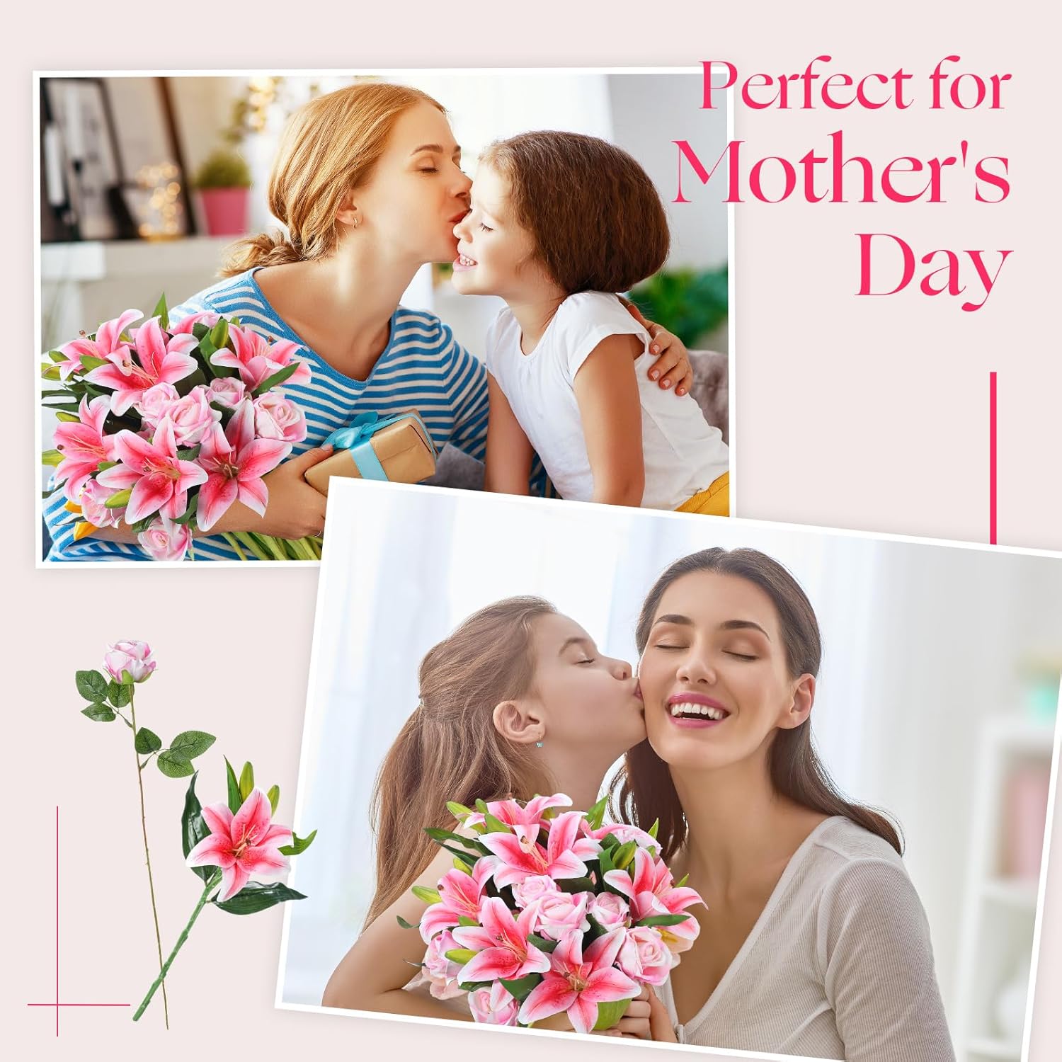 Hotop 20 Pcs Artificial Flowers Valentine's Day Velvet Realistic Roses and Latex Lilies Flowers Bouquet Decorations Arrangements for Home Table Centerpieces Wedding Decor(Pink) - Image 3