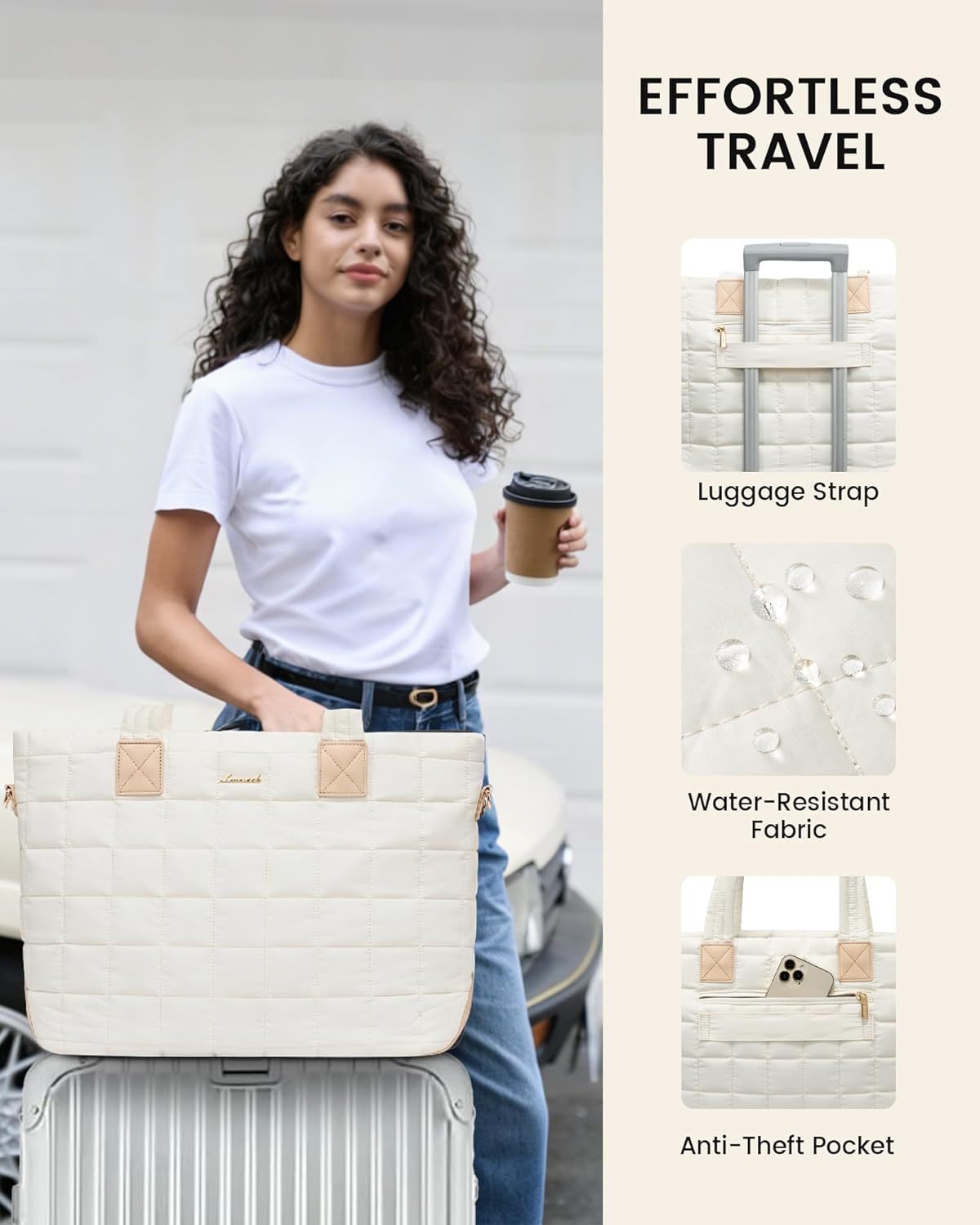LOVEVOOK Laptop Tote Bag for Women, 15.6 Inch Large Puffer Work Computer Tote Bags for Teacher Nurse, Quilted Women's Purse Tote Shoulder Handbags with Zipper for Travel College Office Gym, Beige