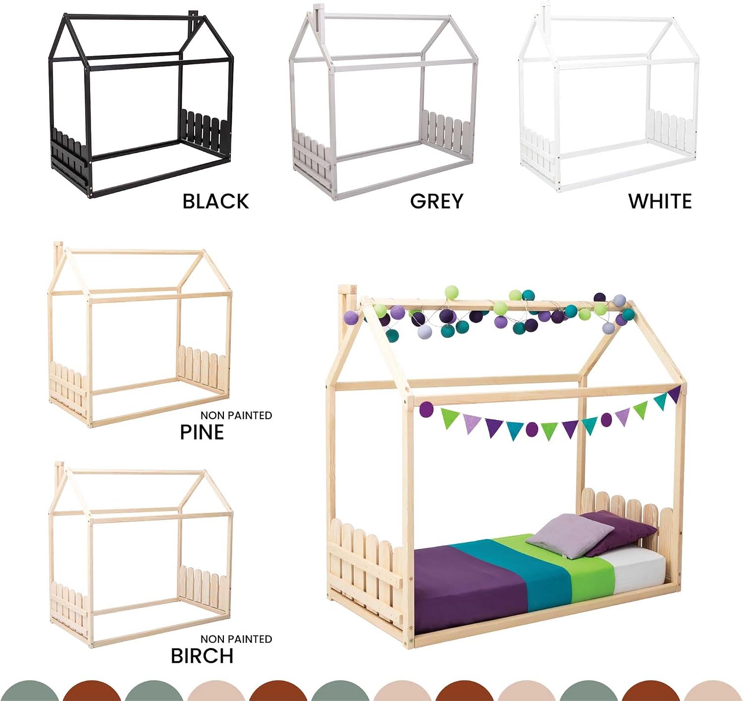 Toddler floor bed with rails, Montessori house bed for kids, Solid wood house bed, Hut bed for kids, Children floor bed - Us Twin size