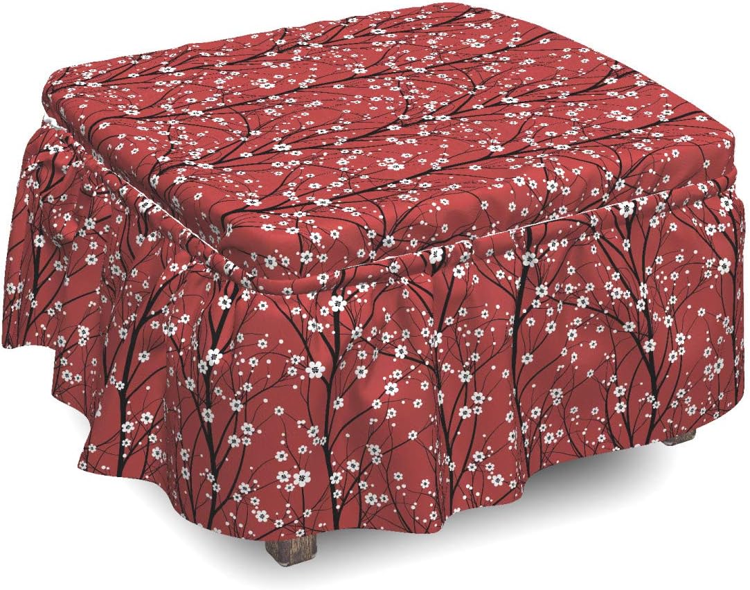 Lunarable Floral Ottoman Cover, Cherry Blossom Tree Petals, 2 Piece Slipcover Set with Ruffle Skirt for Square Round Cube Footstool Decorative Home Accent, Standard Size, Ruby White Black