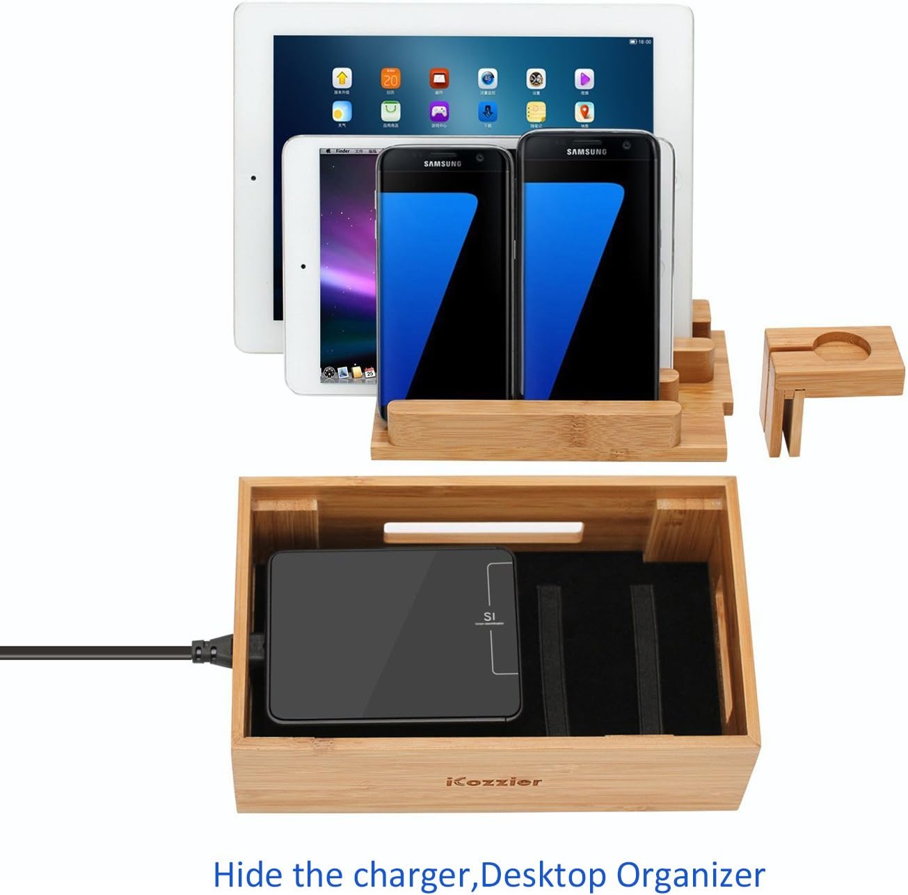 Mini Bamboo Stand, iCozzier Multi-Device Charging Station and Cord Organizer Stand Dock for iPhone, iPad, Samsung, Smartphones, Tablets