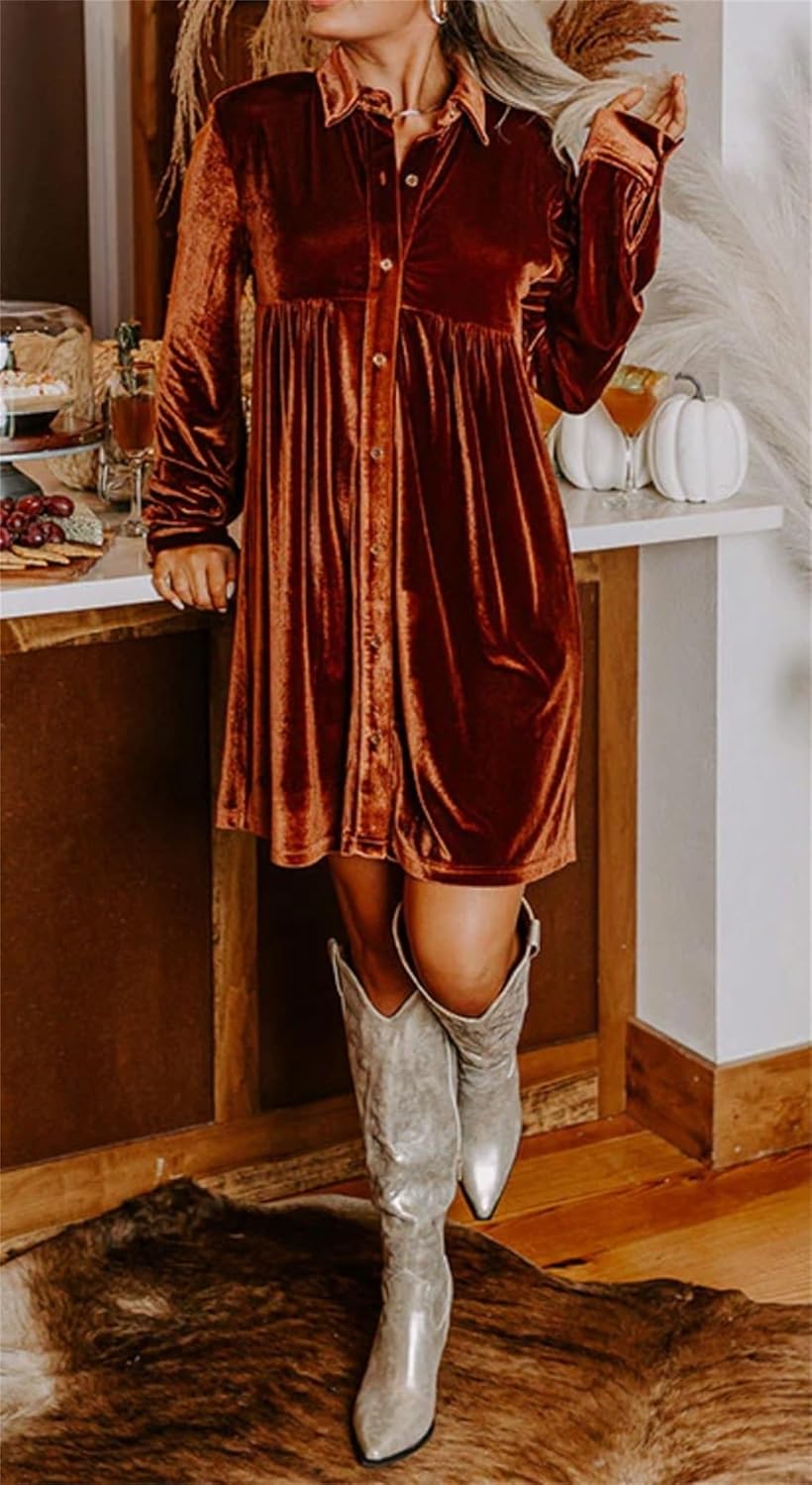 Melliflo Womens Velvet Dress Button Down T Shirt 3/4 Sleeve Tunic Tops Casual Lapel Babydoll Mini Dress - Image 4