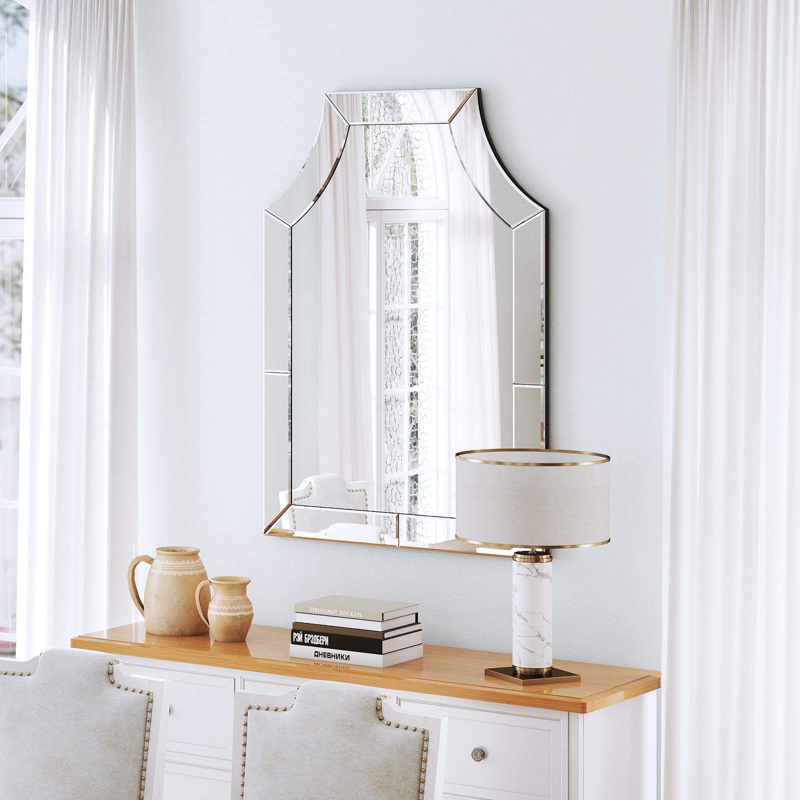 Arch Wall Mirror for Living Room with Mirroed Frame, 27.6'' X 39.4'' Decorative Mirrors for Wall Decor with Glass Beveled Edges, Modern Vertical Mirror for Bathroom, Entryway