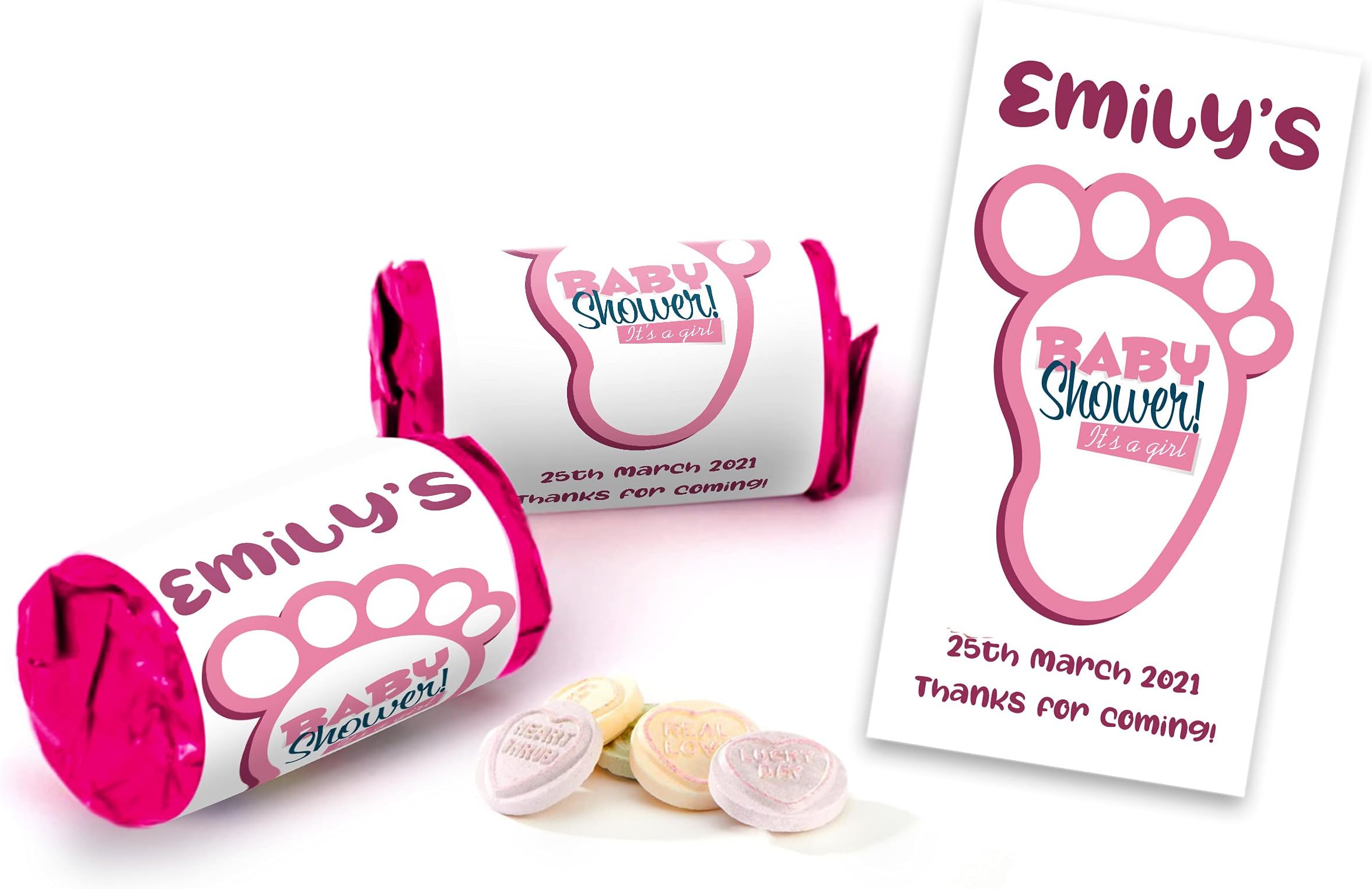 x40 Sweet Rolls Personalised Baby Girl Shower Sweets Mini Love Hearts Party Favours for Guests Suitable for Vegetarians Vegans Halal