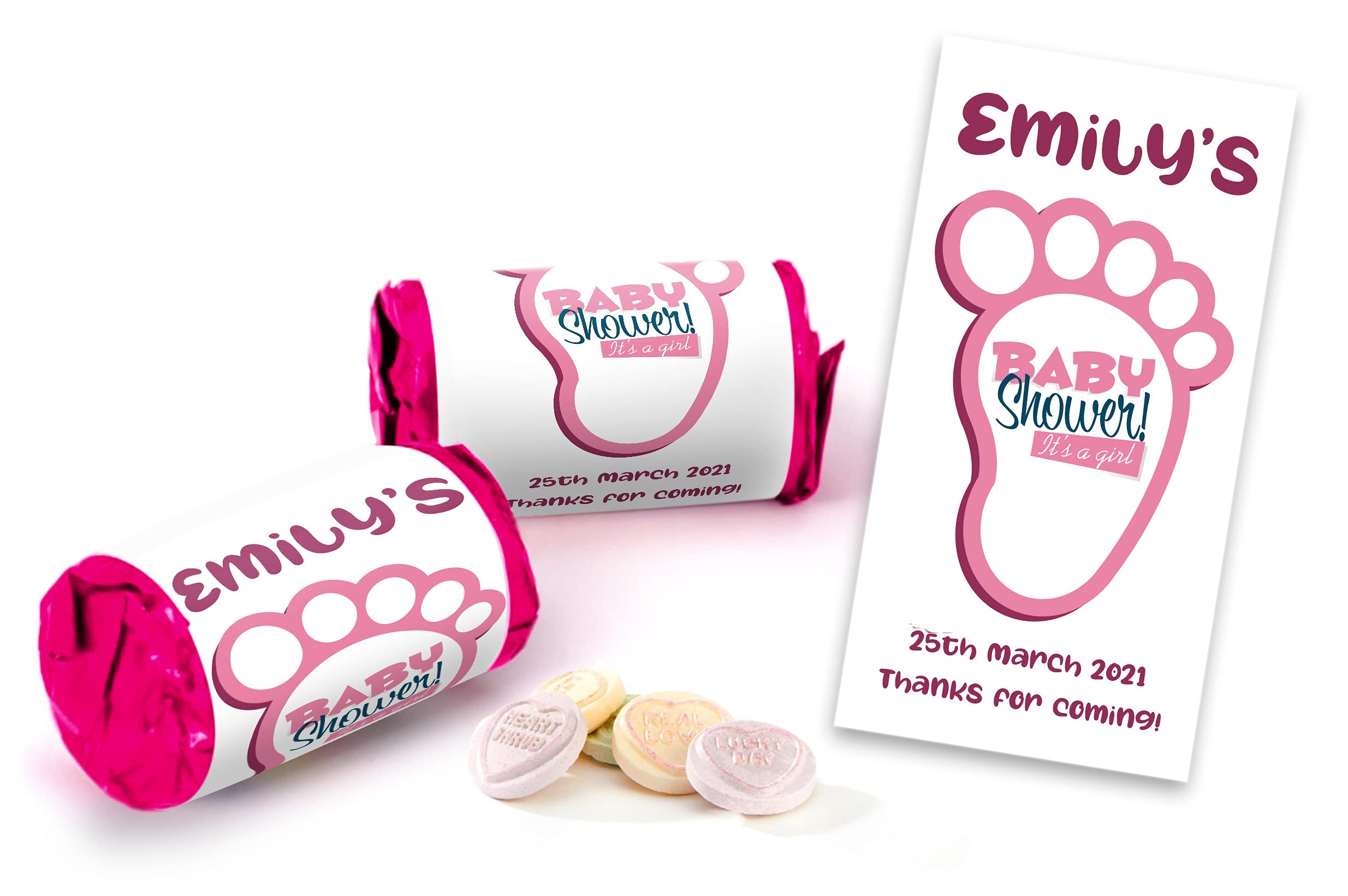 Sponsored Ad – x40 Sweet Rolls Personalised Baby Girl Shower Sweets Mini Love Hearts Party Favours for Guests Suitable for Vegetarians Vegans Halal