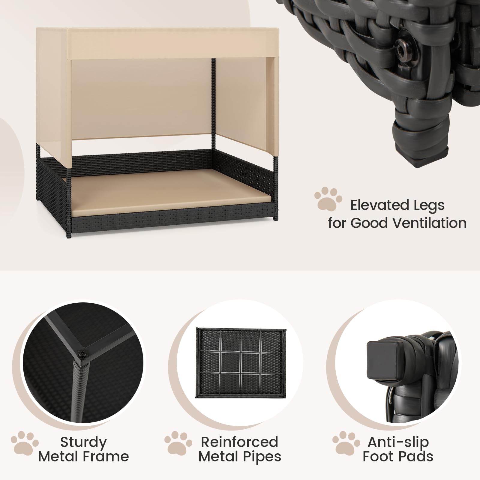 GYMAX Cuccia in vimini per cani di piccola e media taglia, divano letto rialzato in rattan con cuscino rimovibile, tetto a baldacchino e pavimento rialzato, riparo per cuccioli per interni ed esterni