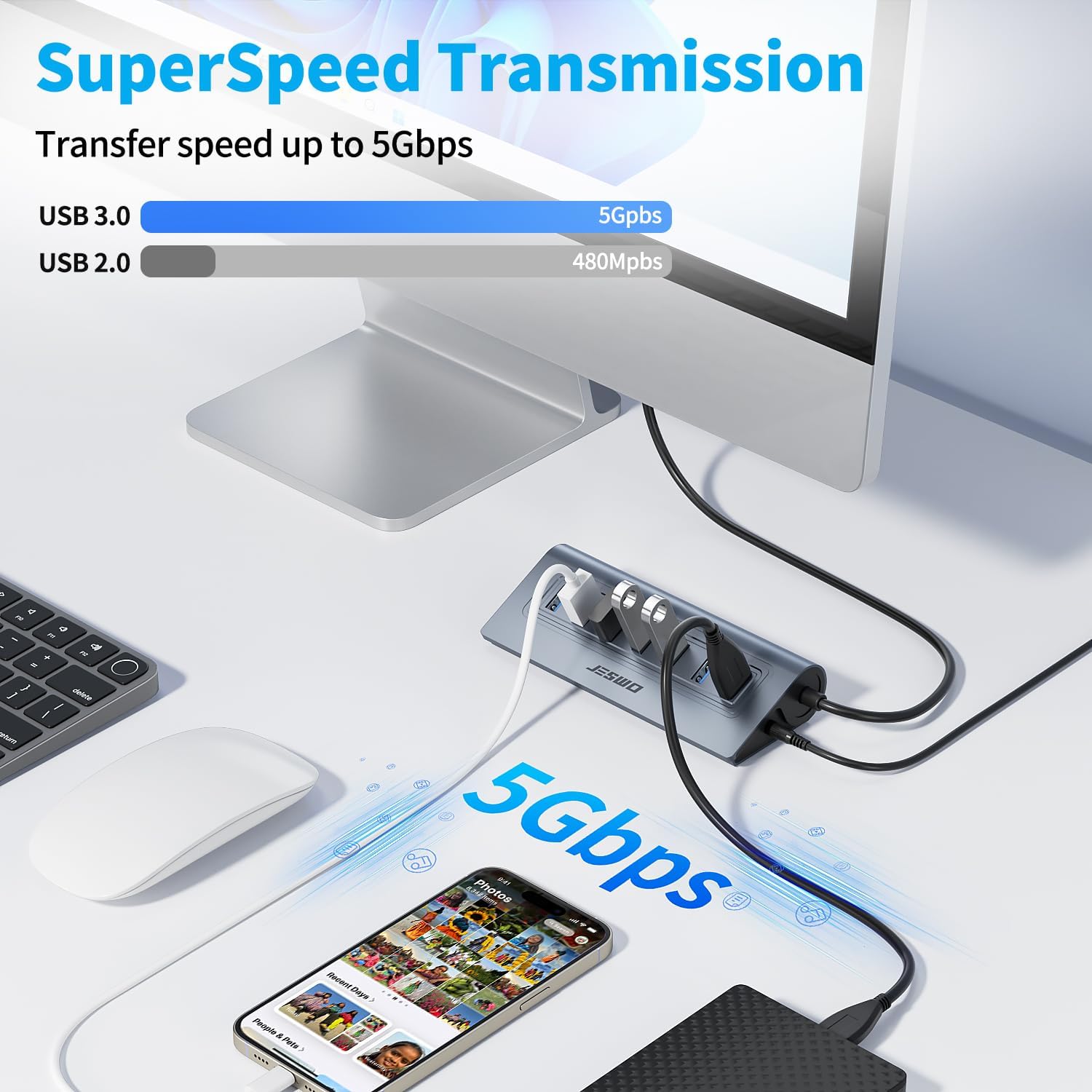 Powered USB Hub, JESWO 7-Port USB 3.0 Hub, Aluminum USB Data Hub with 3.3ft Cable, USB Hub 3.0 Powered with 5V/4A Power Adapter for MacBook, Notebook PC, USB-Flash Drives, Mobile HDD and More (Grey)