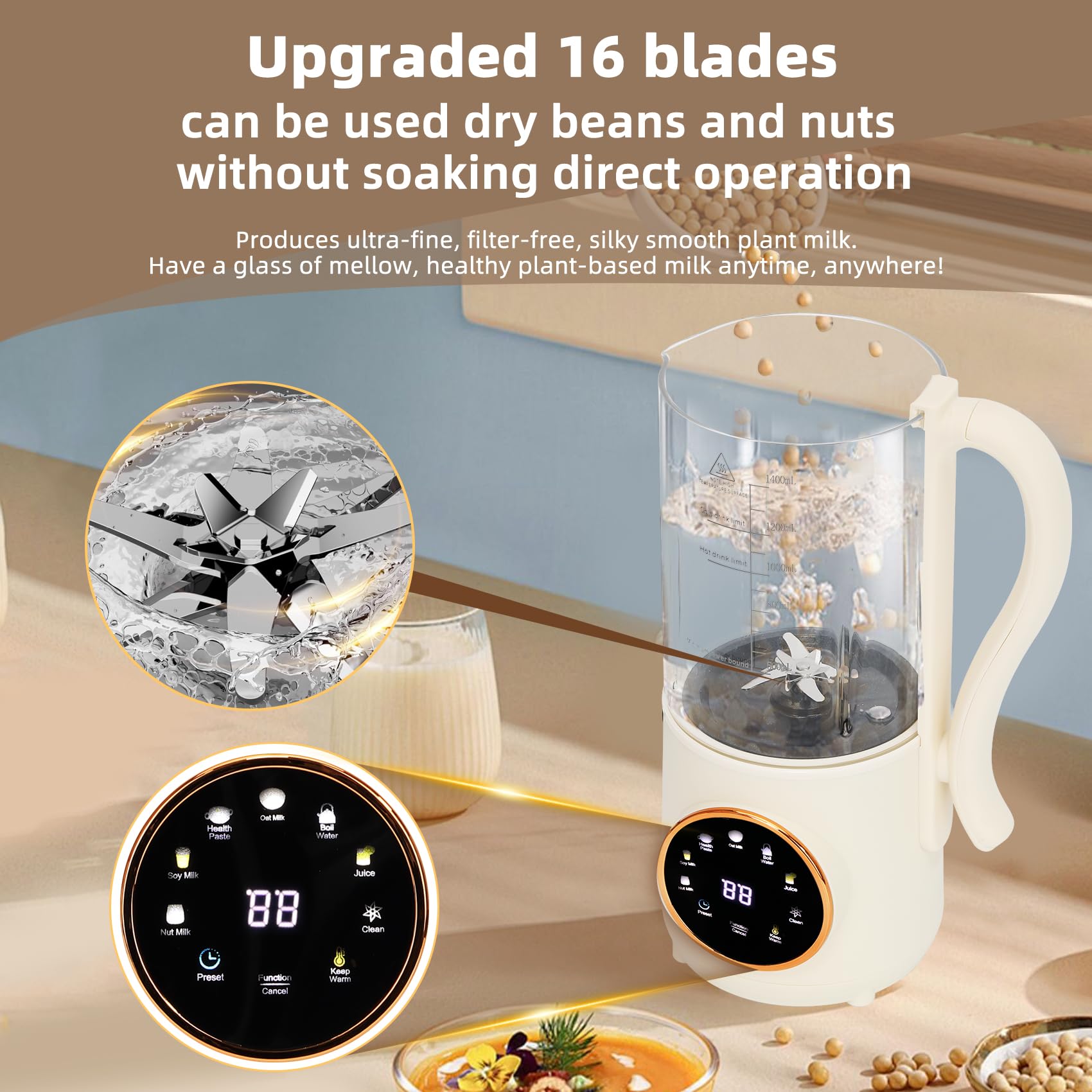 9 in 1 Automatic Soy Milk Maker, 47oz (1400ml) Nut Milk Maker, with Self-Cleaning, 16 Blades Makes Almond Milk, Oat Milk, Plant Milk, Juice with 24H Delay Timer, Boiling Water And Keep Warm Functi