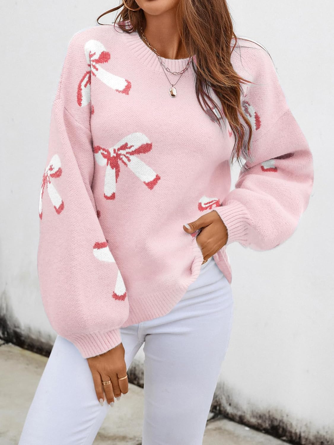 Womens Valentine Bow Sweater 2026 Valentines Day Trendy Cute Oversized Long Sleeve Pullover Sweaters