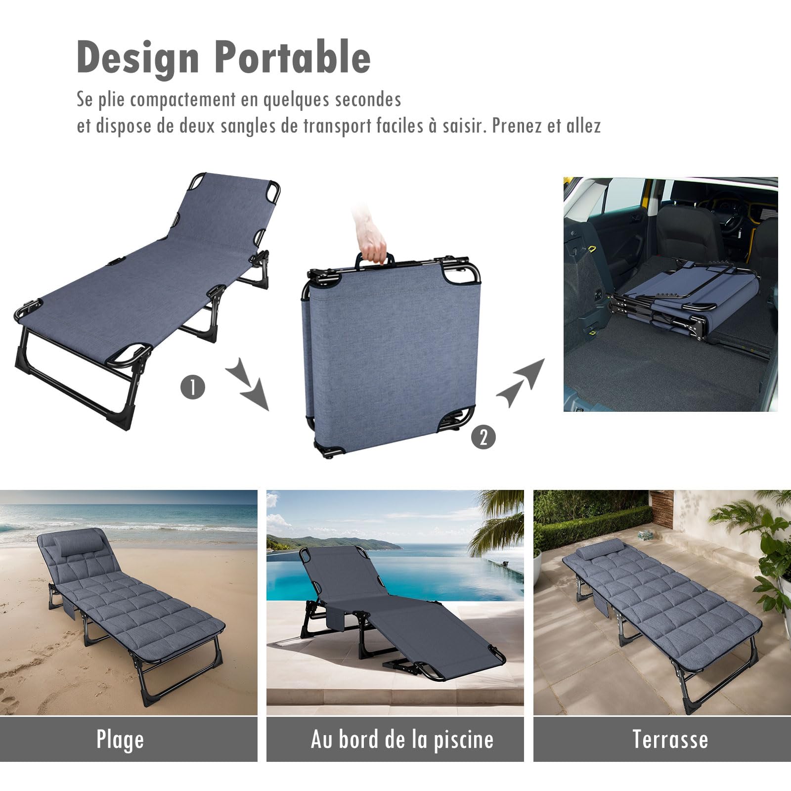 ATORPOK SHOP Bain de Soleil avec Dossier 4 pos réglable, lit de Camping Multi-usages Portable et Chaise Longue inclinable pour Jardin/Piscine/Terrasse, Matelas rembourré et Oreiller - Bleu