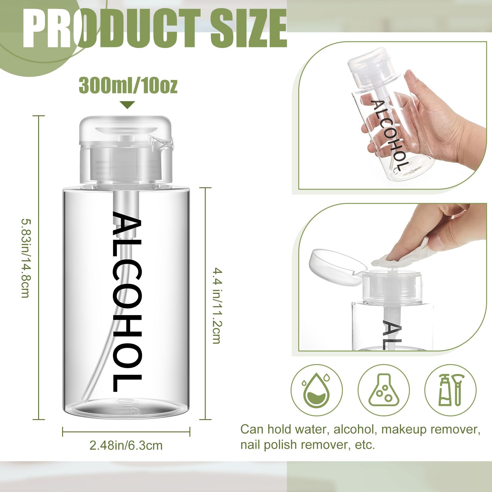Layhit 1 Pcs 10 oz Alcohol Pump Dispenser Bottle Alcohol Push Down Liquid Dispenser Clear Empty Pumping Bottle Refillable Cosmetic Container for Personal, Salon, Nail Care, Hospital Use