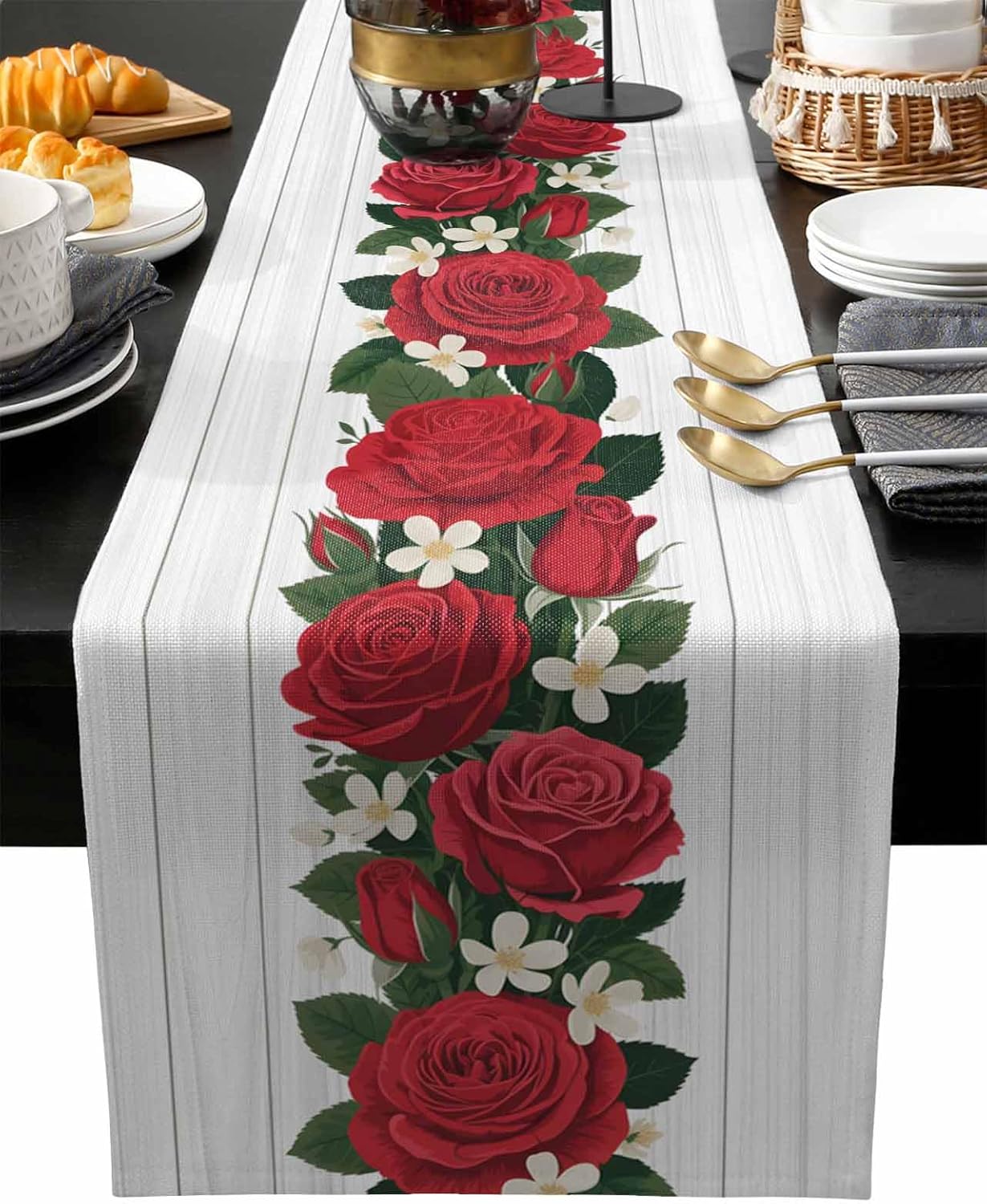 Valentines Day Table Runner 120 Inches Long Farmhouse Burlap Table Runners Valentine's Day Red Rose White Wood Grain Table Decoration Runner for Party Holiday Wedding Dinner 13"x120"