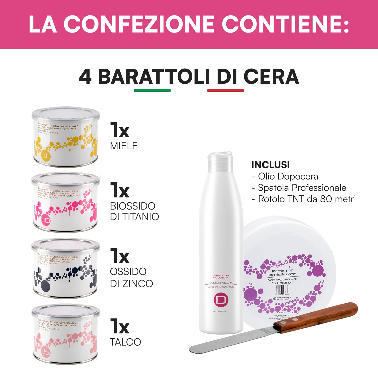 Kit Completo per Ceretta con Cera Liposolubile al Miele, Talco, Ossido di Zinco e Biossido di Titanio da 400ml + Spatola in Metallo + Dopocera Olio di Argan 250ml + Rotolo TNT 80 Metri - Set da 7