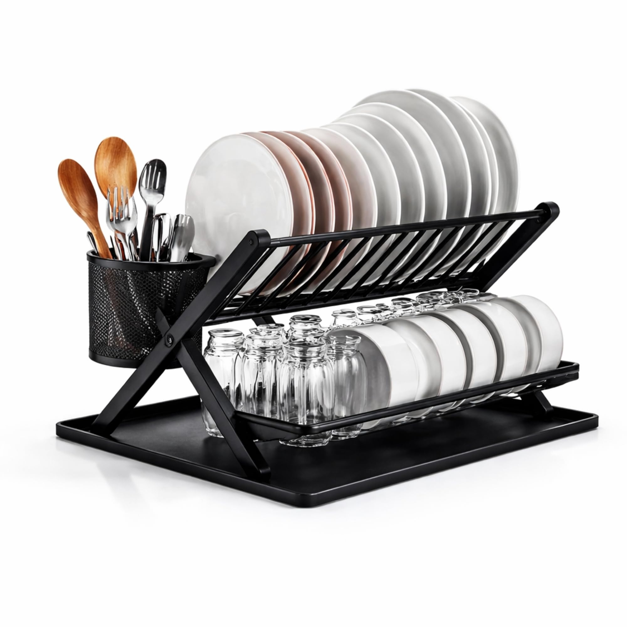 EGOUTTIA - Escurridor para platos (2 niveles), color negro con bandeja de recuperación, estante para escurrir de acero inoxidable y PP, escurridor, diseño grande y plegable para fregadero de cocina