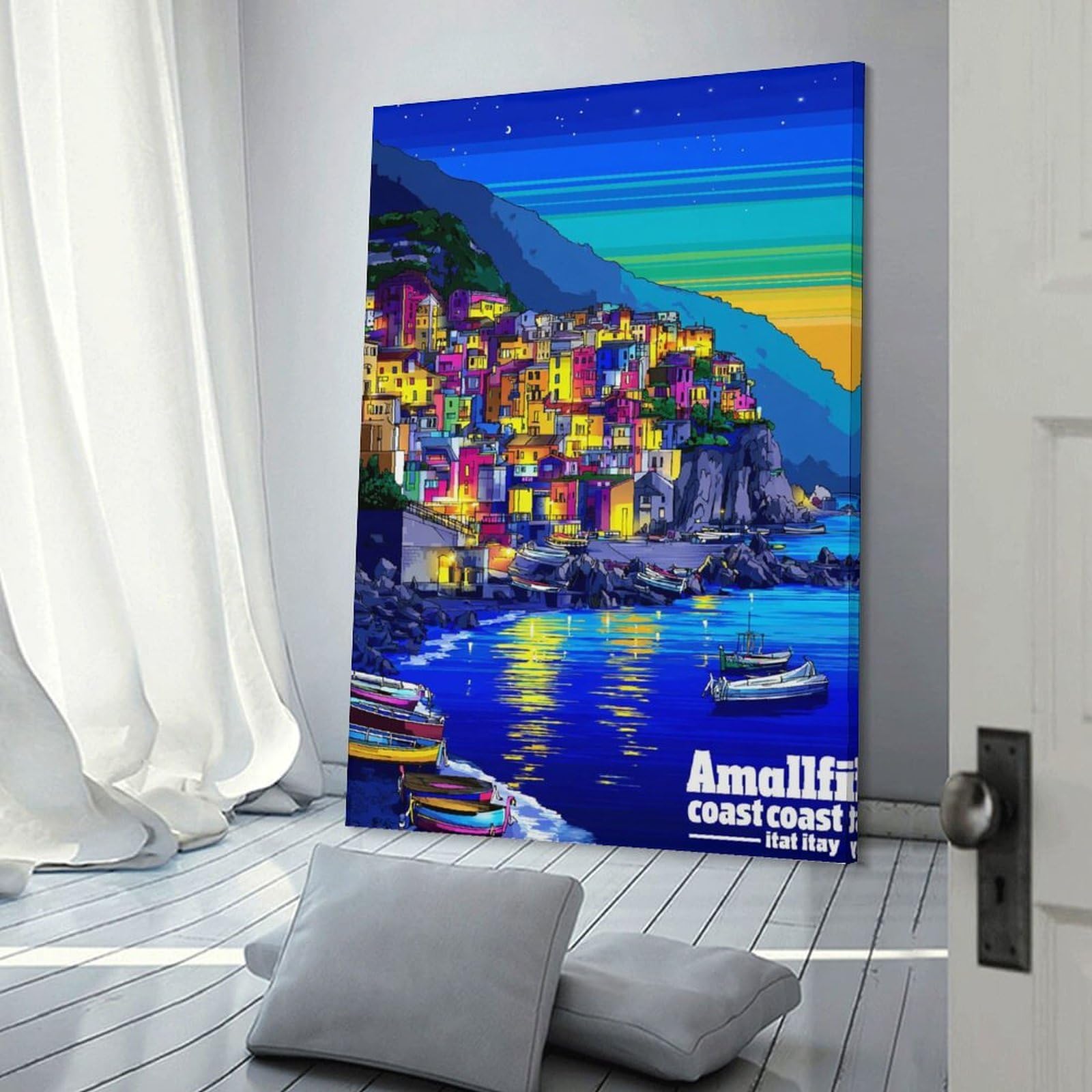 Junmoney Frame-Amalfi Coast Dreamscape Canvas Wall Art Amalfi Coast Dreamscape, 24X36inch(60X90cm), For New Homes, Bedrooms Or Workspaces, Canvas Artwork With Gifting Potential