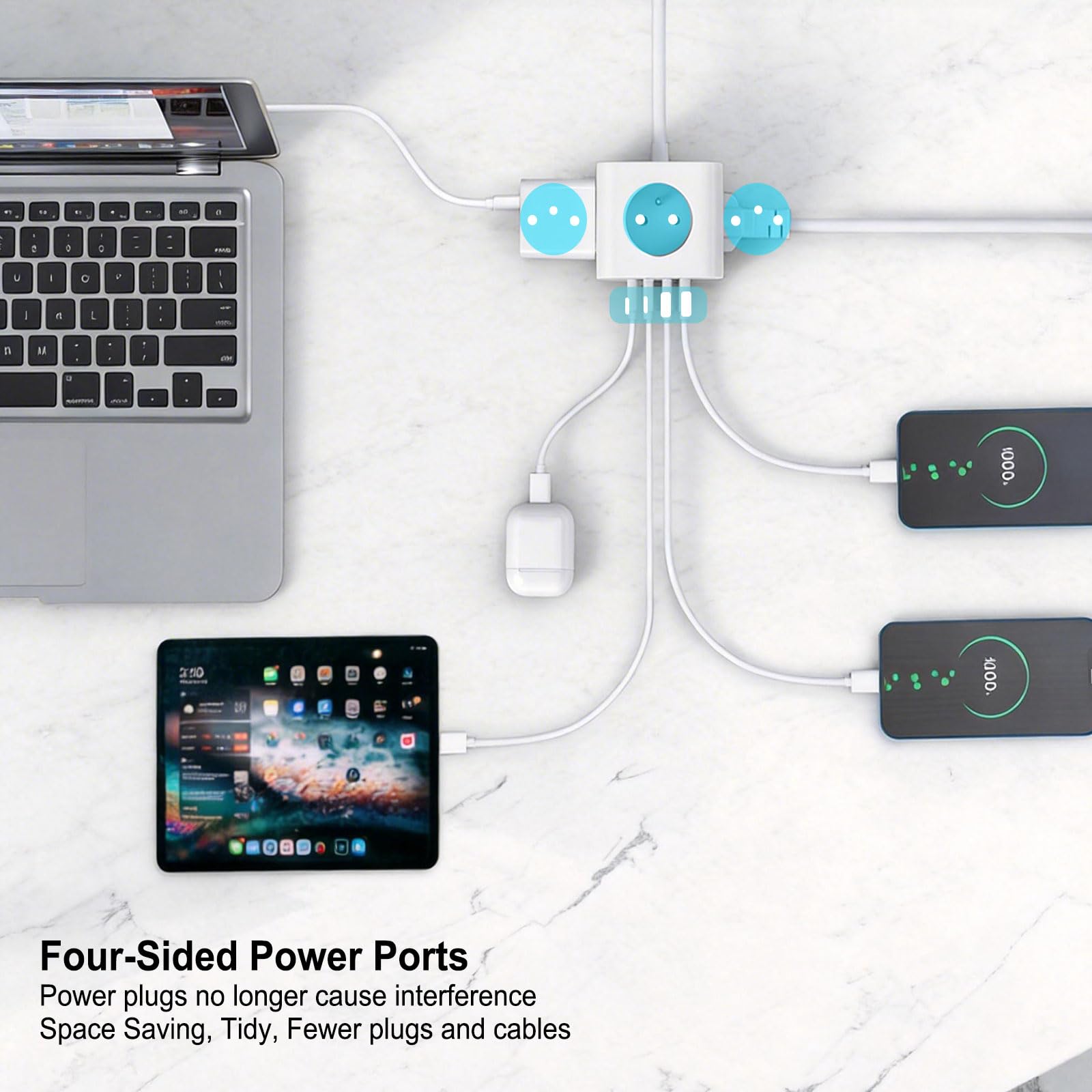 VEFVE Regleta Tipo E (Estándar Francés), Cubo Enchufes USB C 20W PD, Ladrón 7 en 1 con Interruptor, para Francia/Bélgica/Polonia, Cable 3m, Blanco