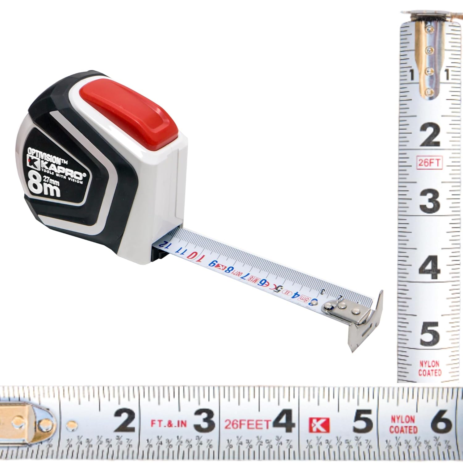 Kapro - 510 Optivision Imperial Magnetic Tape Measure - Self-Locking Blade and End Hook - Features Dual Colored and Double-Sided Printing - Nylon Heavy-Duty Blade - Metric + Imperial - 8 Meters