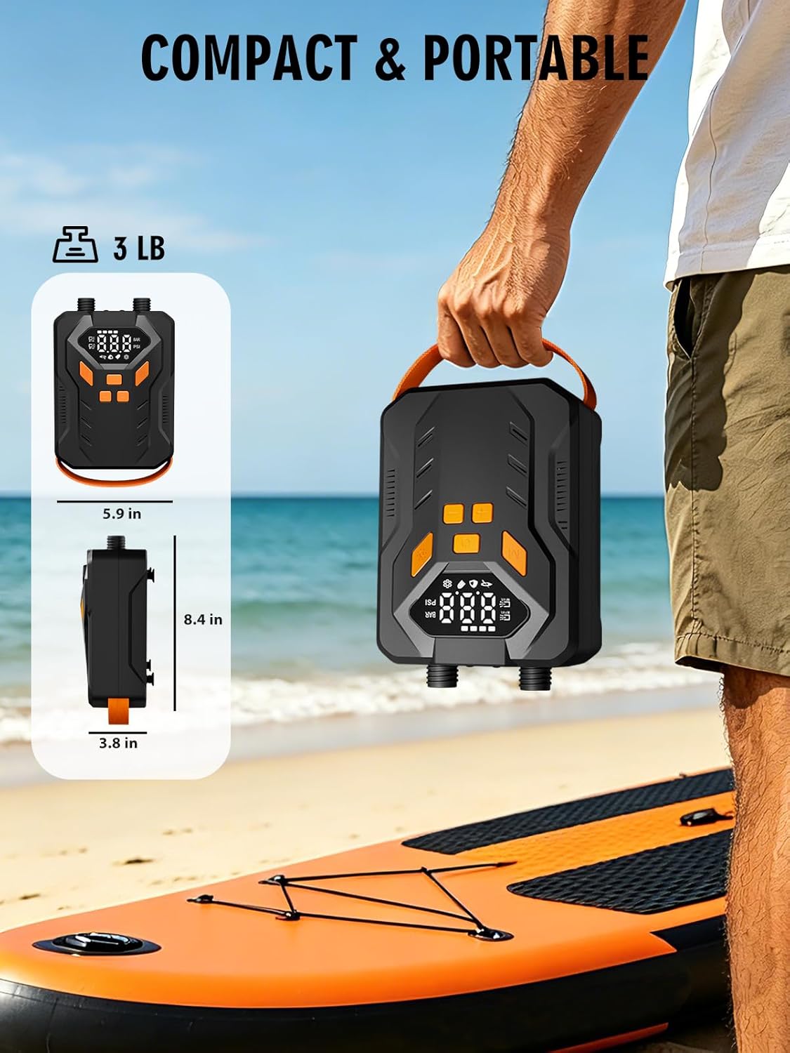 Electric Paddle Board Pump, High Pressure 20 PSI Rechargeable SUP Pump with Intelligent Dual-Stage Inflation & Deflation, Auto-Off for Surfing Kites, Tents, Boats and Stand Up Paddle Boards
