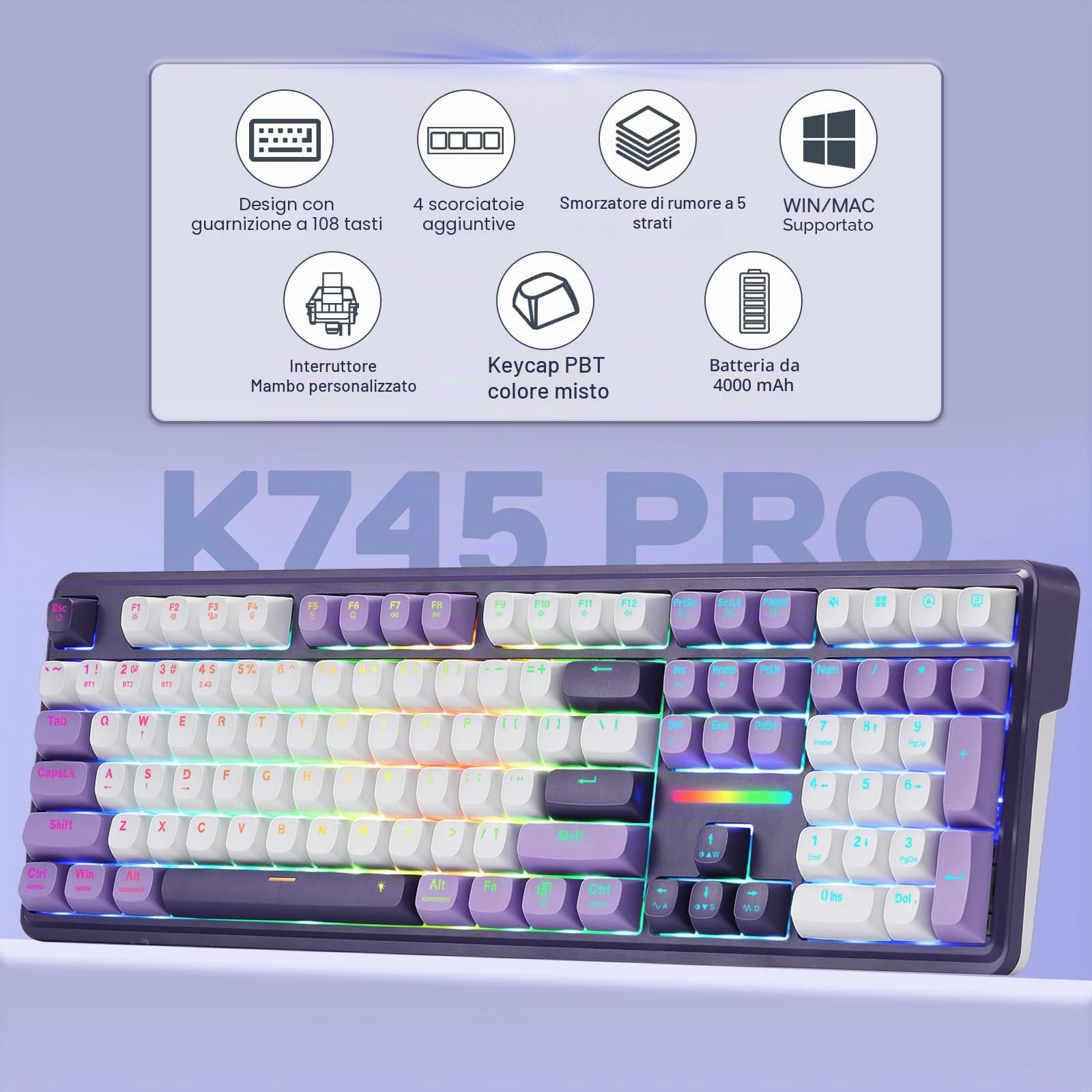 Redragon K745 PRO Tastiera Gasket RGB Senza Fili Scambio a Caldo US
