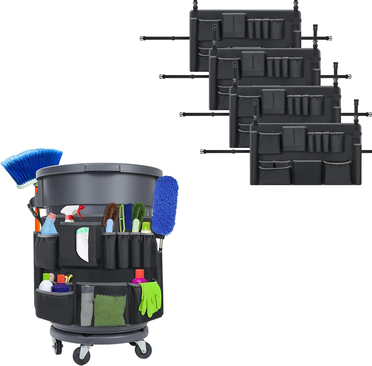 4PCS Trash Can Caddy Bags Fit 32-55 Gallon Garbage Bin, Garbage Bin Caddy Bag with 13 Pockets Compatible with Brute & Uline, Commercial Cleaning Supplies Organizer Bag & Janitorial Duties(4PCS)