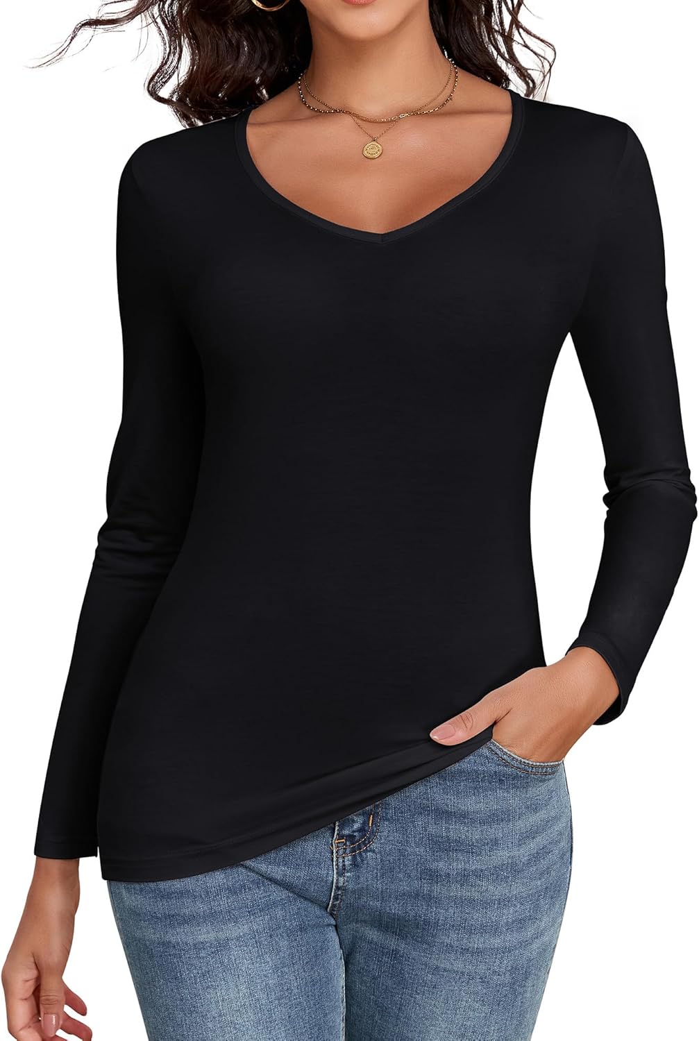Long Sleeve Shirts for Women V-Neck Lightweight Slim Fit Fall Basic Undershirts Layer T Shirt Outfits 2025