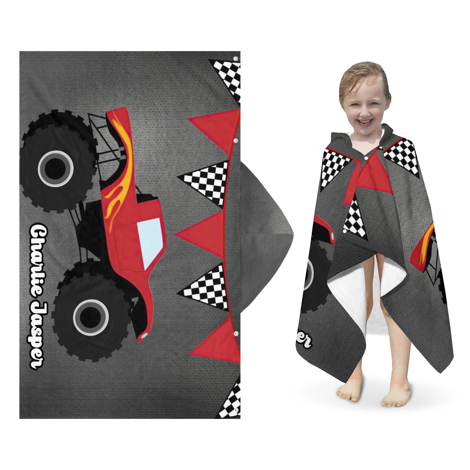 Eiis Unidesign Personalized Cool Monster Truck Kids Hooded Towels Soft Thick Absorbent Cotton (30X50 inches) Beach,Bath,Pool Towels for Girls Boys