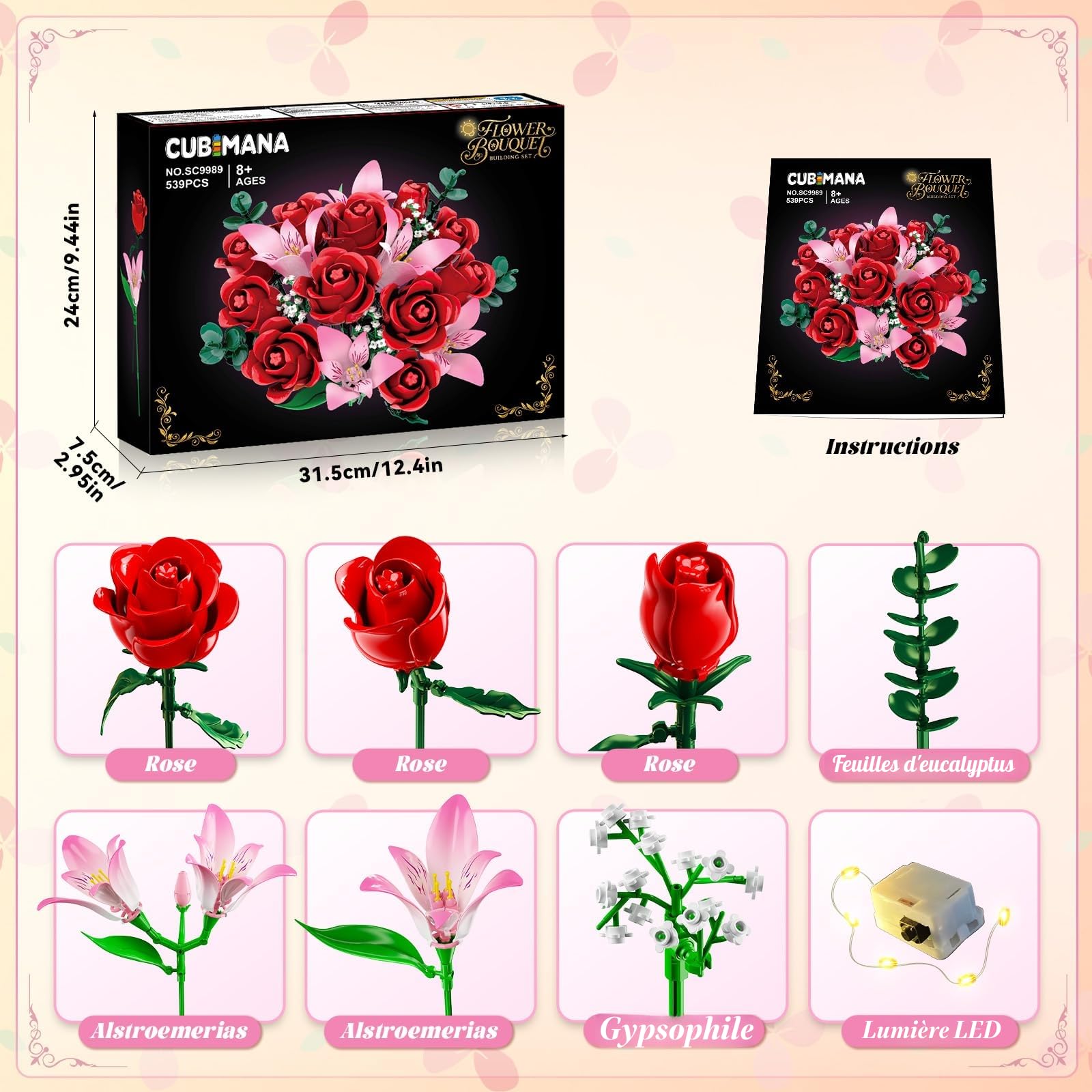 CUBIMANA Kit de Bouquet Fleurs avec LED - Roses Rouges et alstroemères Roses, Collection botanique 22 Fleurs artificielles, décoration Plante intérieure, Cadeau pour Femmes/Adultes