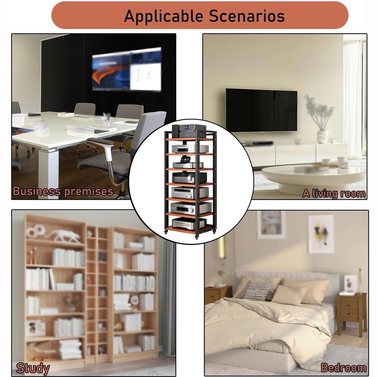 Rack Audio-Video A 7 Livelli Con Ruote,Supporto Multimediale AV Rack | Mensola Per Componenti Hi-Fi E Home Cinema,Mobiletto Portaoggetti Regolabile In Altezza(Teak)