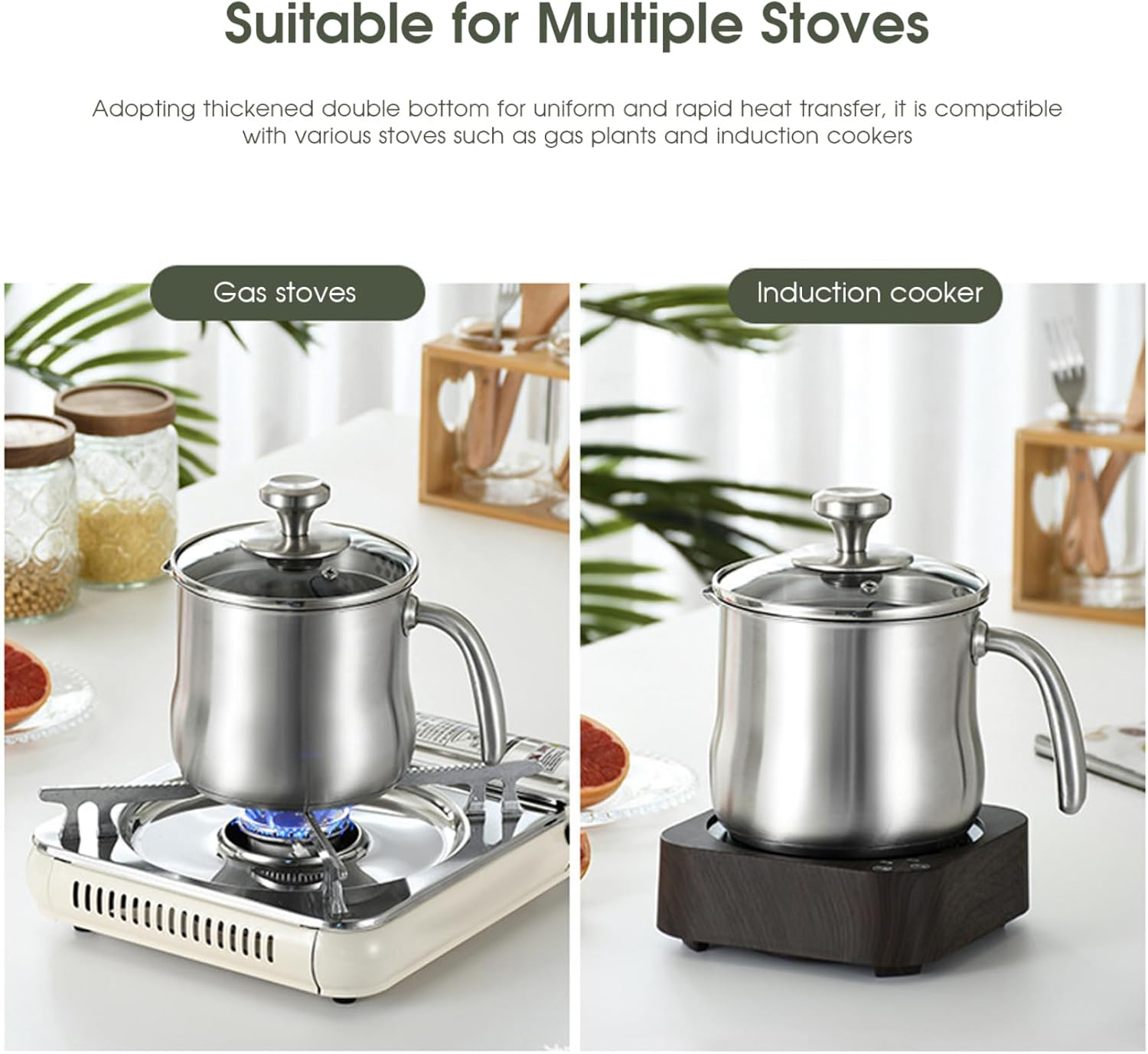 Stainless Steel Sauce Pan, Stainless Steel Saucepan 2L Milk Pot Saucepan with Pour Spout, Glass Lid ＆ Handle for Boiling Milk, Sauce, Gravies, Pasta, Noodles