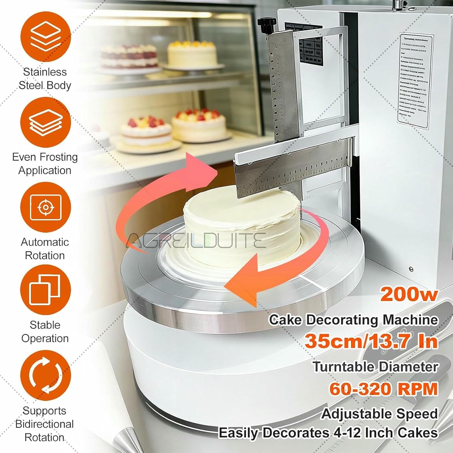 200w Cake Decorating Machine, Automatic Cake Cream Spreading Machine, 4-12 Inch Cake Icing Machine, 60-320 RPM Electric Cake Turntable for Cake Shops, with Cake Scraper Smoother Kit