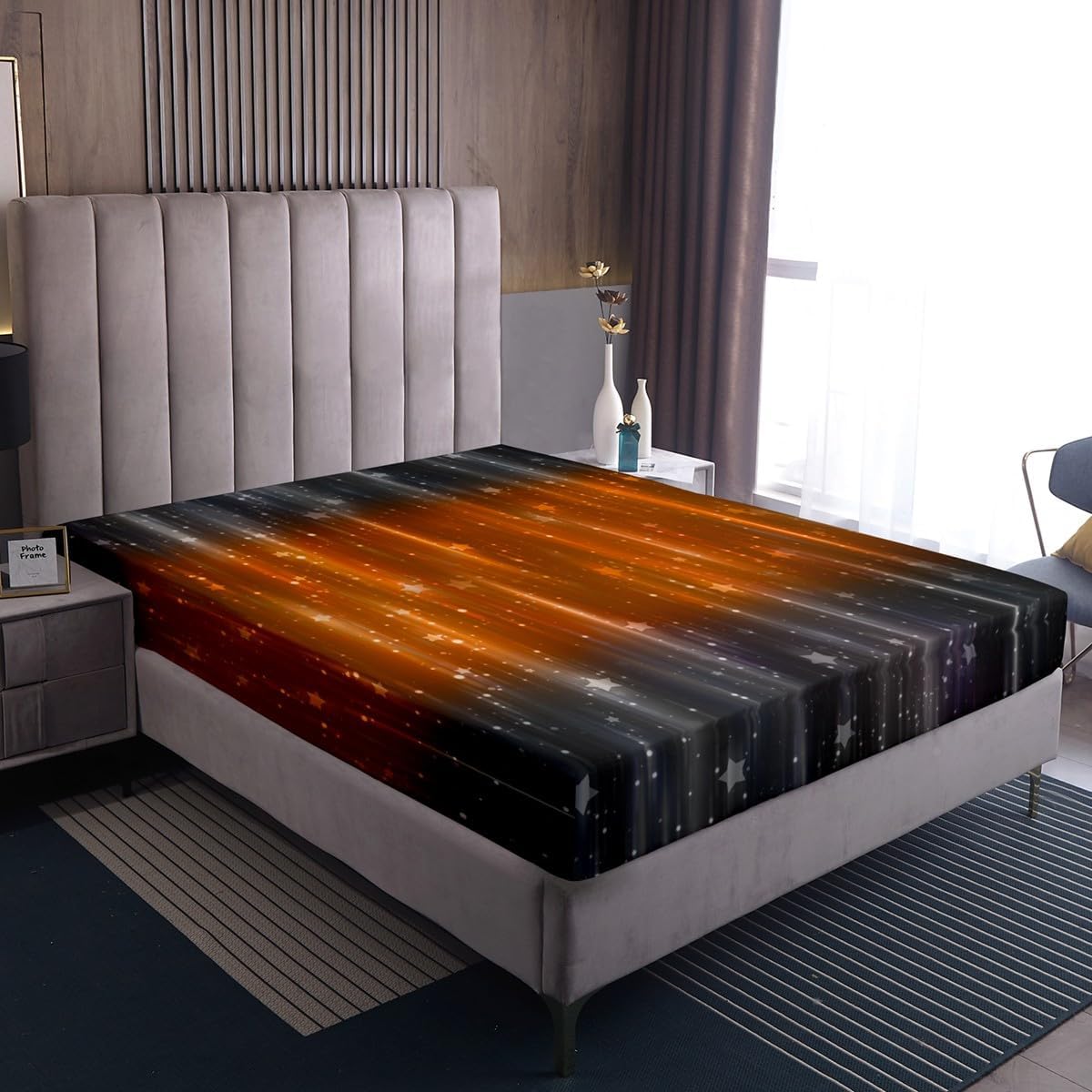 Erosebridal Orange and Black Ombre Bed Sheets Black and Grey Gradient Fitted Sheet Full Size, Sparkling Stars Bedding Aesthetic Glowing Sheet, Modern Abstract Neon Bed Cover (Deep Pocket)