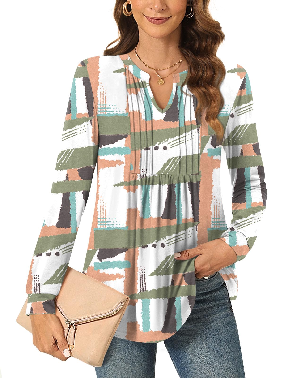 Anyally Women's Long Sleeve Shirts Fall Tops Dressy Casual Blouses Pleated Plus Size Tunic Tops for Leggings