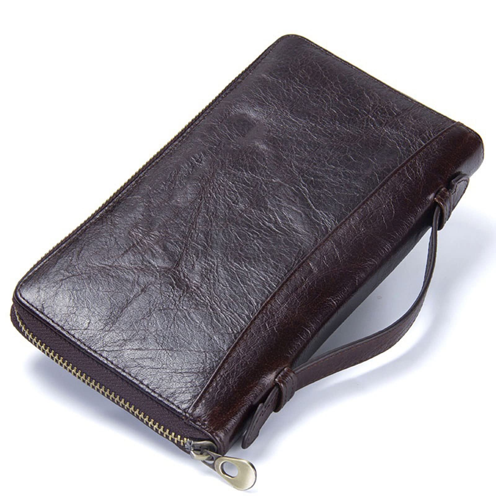 Portfel skórzany Skóra bydlęca Męski portfel na co dzień z kopertówką Etui na karty Torebka na zamek z etui na paszport Etui na telefon dla męskiego długiego portfela (kolor: kawa)
