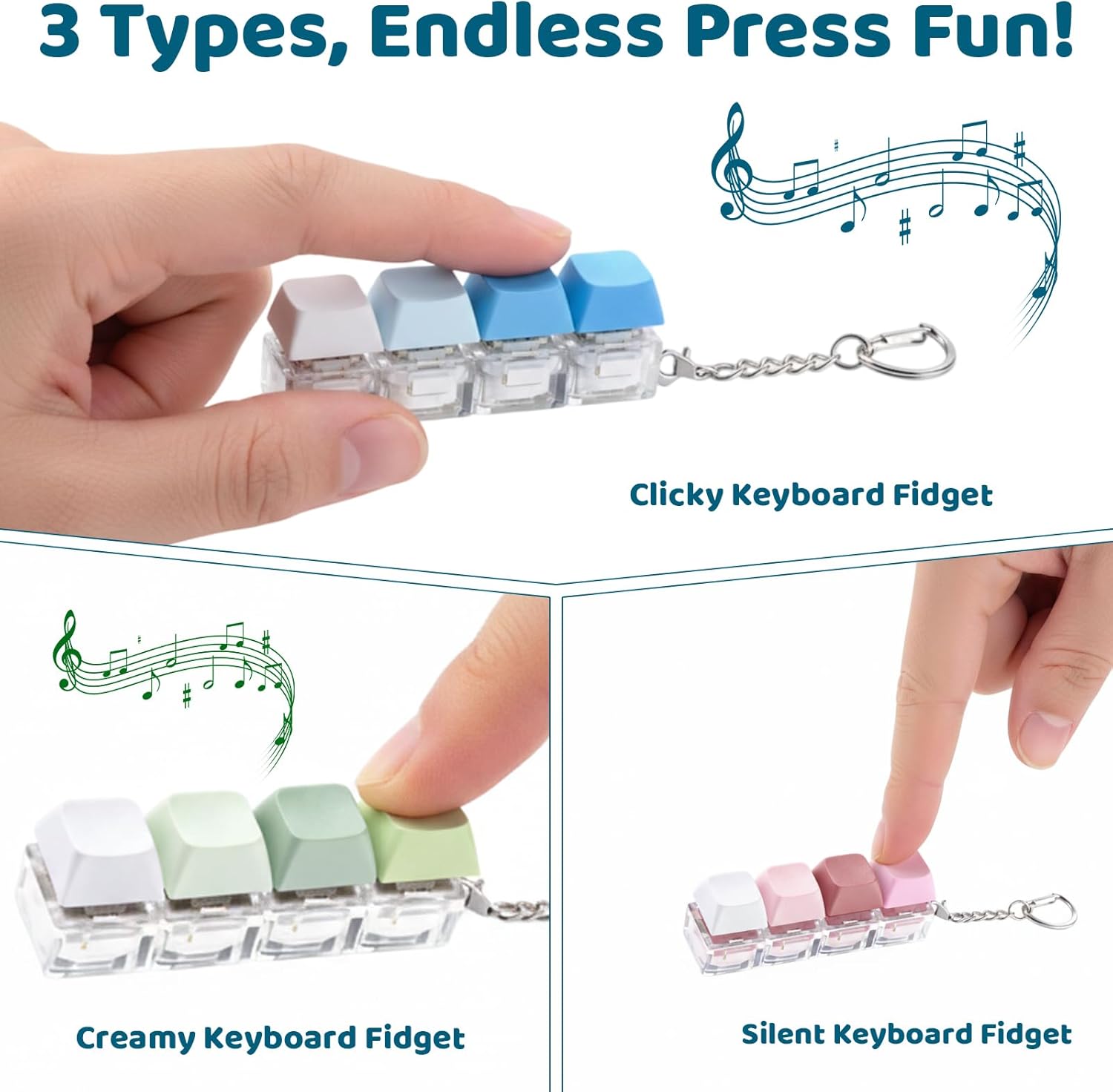 Keyboard Fidget, Three-Pack Four-Button Fidget Toys with Light Sound Silent Modes, Stress Relief and Focus Enhancement Tool for Office and Classroom Use, Compact Portable Design