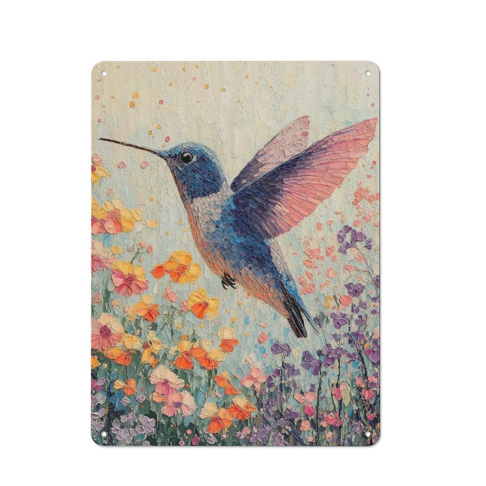 Junmoney Style-19 Garage Style Metal Wall Sign 40X30cm Featuring Hummingbird In A Field Of Flowers, Garage Wall Decor For Garage, Hobby Room, Office Or Man Cave