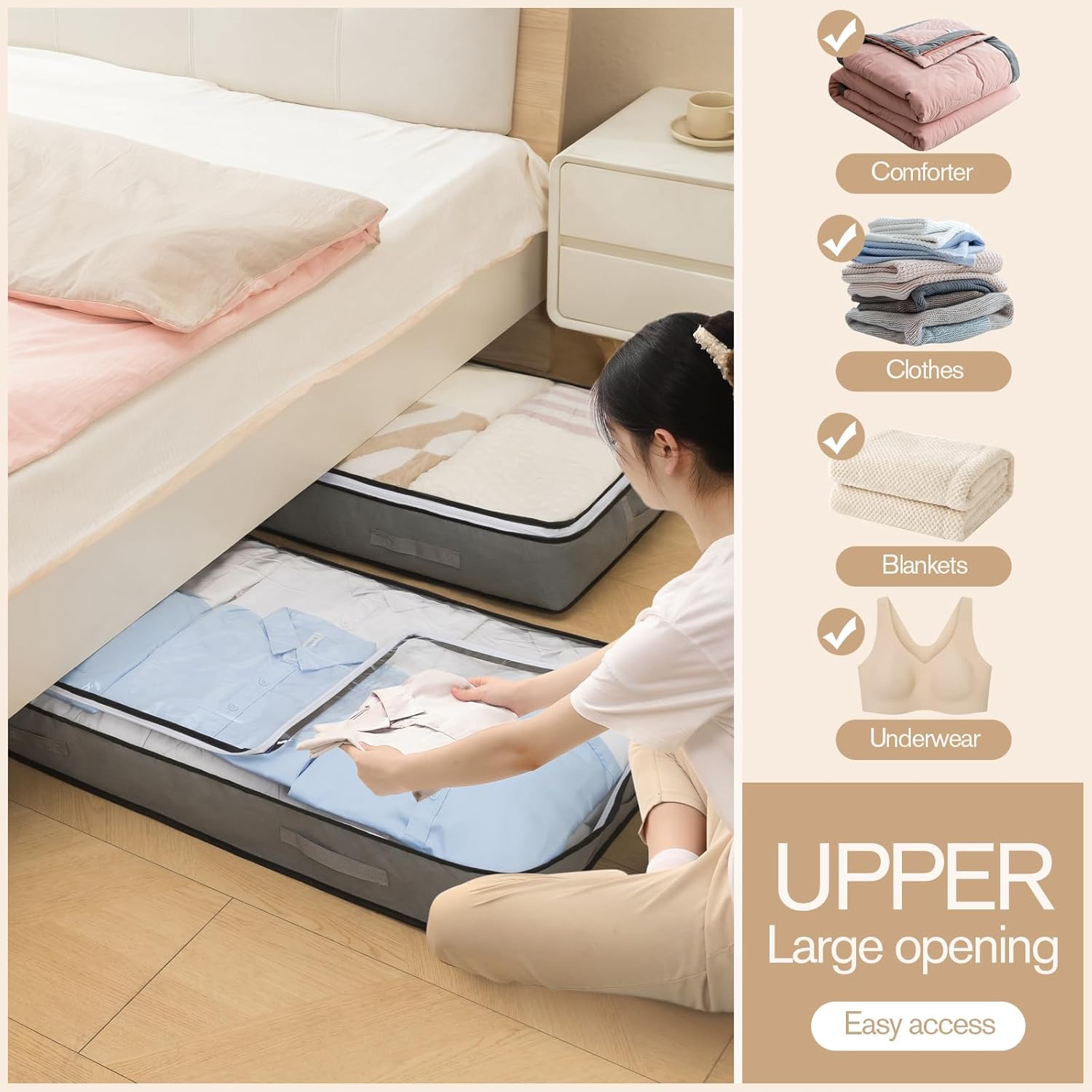 90L Under Bed Storage Containers, Foldable Grey Underbed Storage Bags - Closet Organizers and Storage Bins for Wrapping Paper, Blanket, Clothing, Comforter, Sweaters, Pillows, Linen Sheets - Image 5