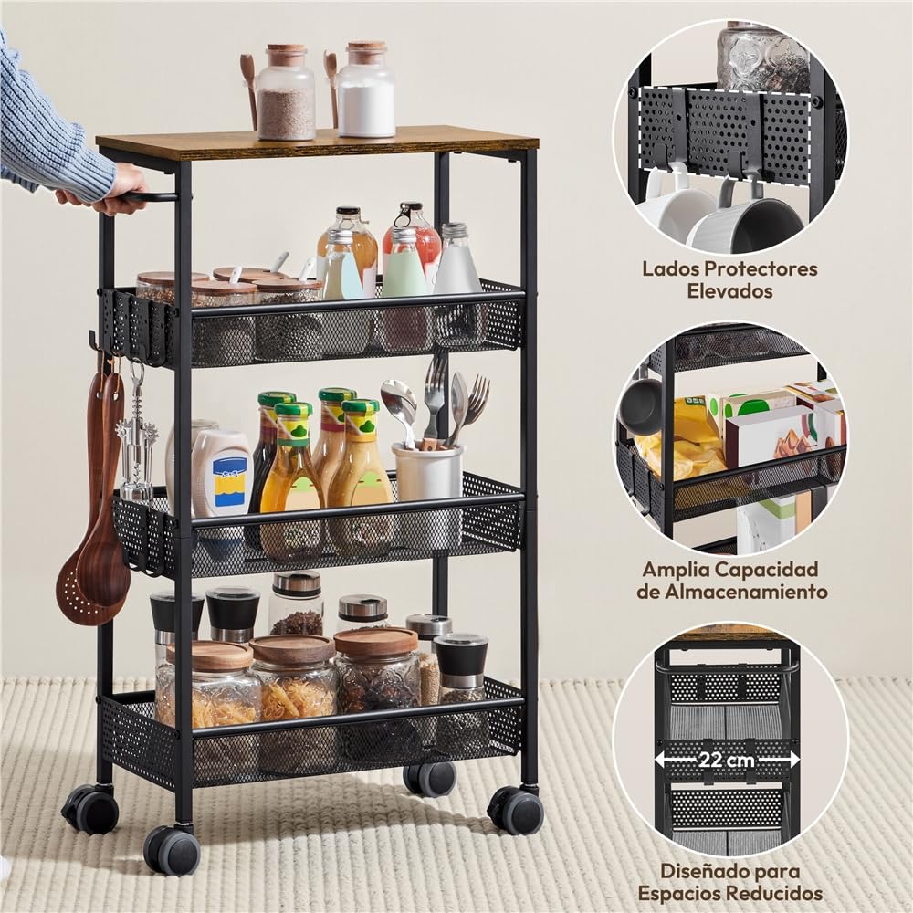 Yaheetch Carrito de Almacenaje de 4 Niveles,con Ruedas Bloqueables,con Ganchos Asa,Marco de Acero con Superficie de Madera,45x22x79cm,para Cocina Estudio Baño Salón, Color Marrón Rústico y Negro