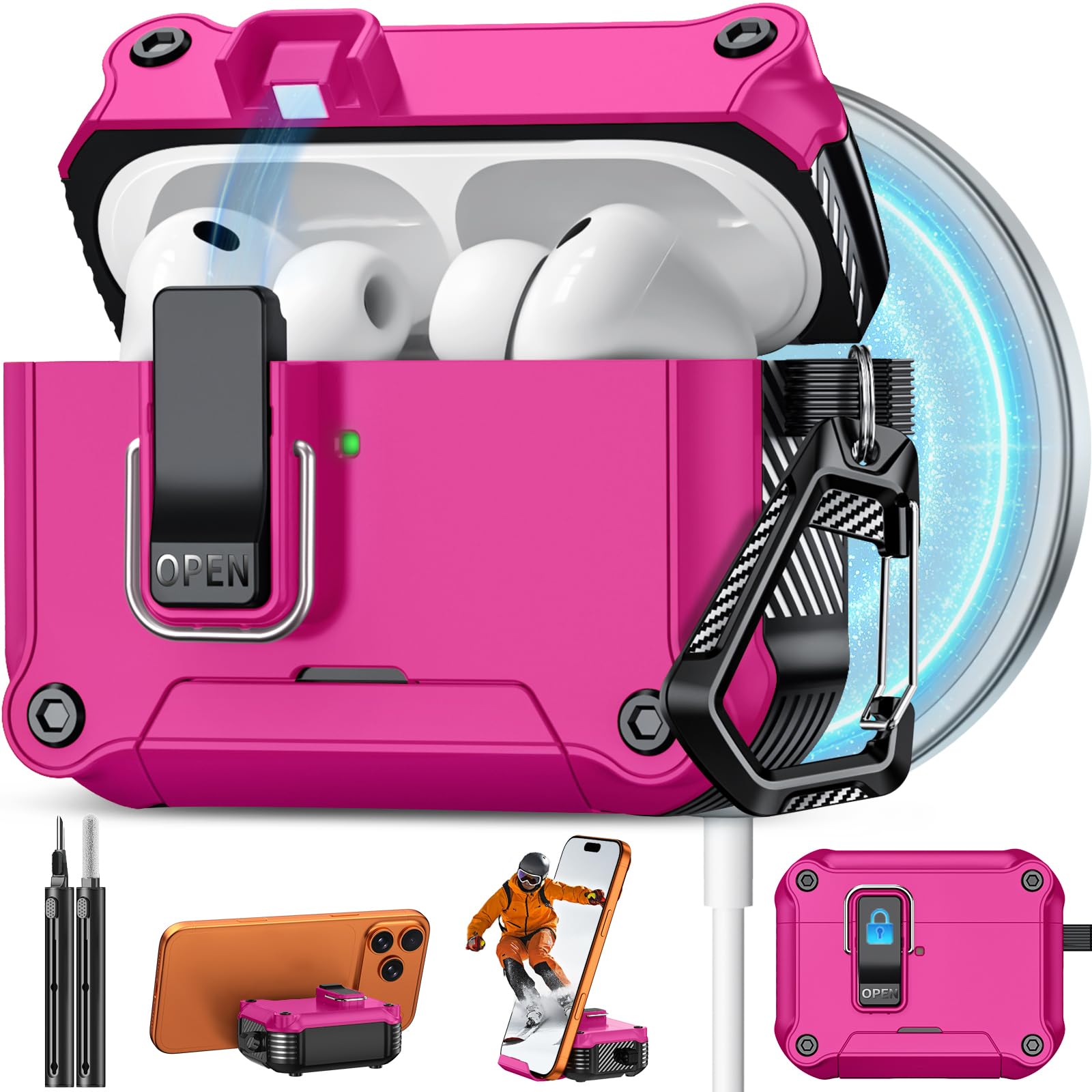 Pohgelan for AirPods Pro 3 Case with Safety Lock-Rose red