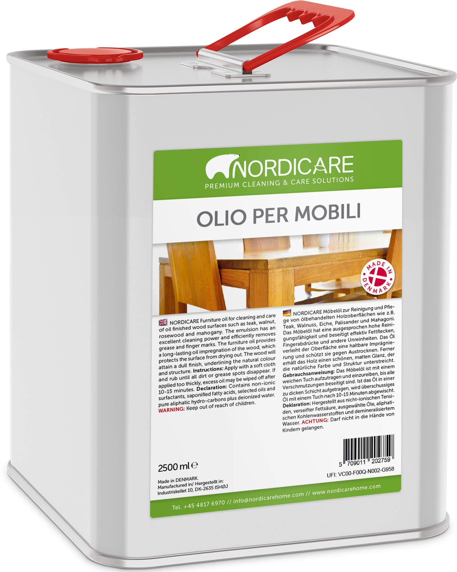 Nordicare Olio per mobili [2,5L] Olio per legno per la manutenzione incolore per rovere, faggio, larice. Mordente per legno a base di olio di lino