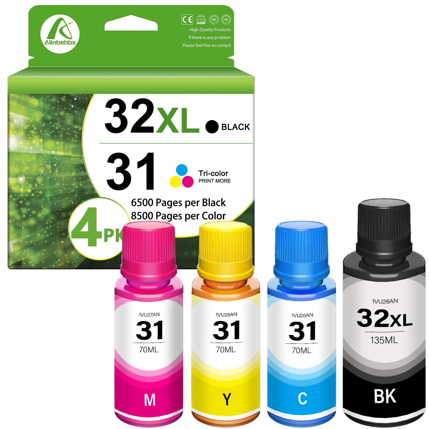 Alinbehbs 4 Pack 31 32XL Ink Bottles Set Compatible 32XL Black Ink Bottle 31 Cyan, Magenta, Yellow Ink Bottle Set Replacement for HP 5101 5102 6001