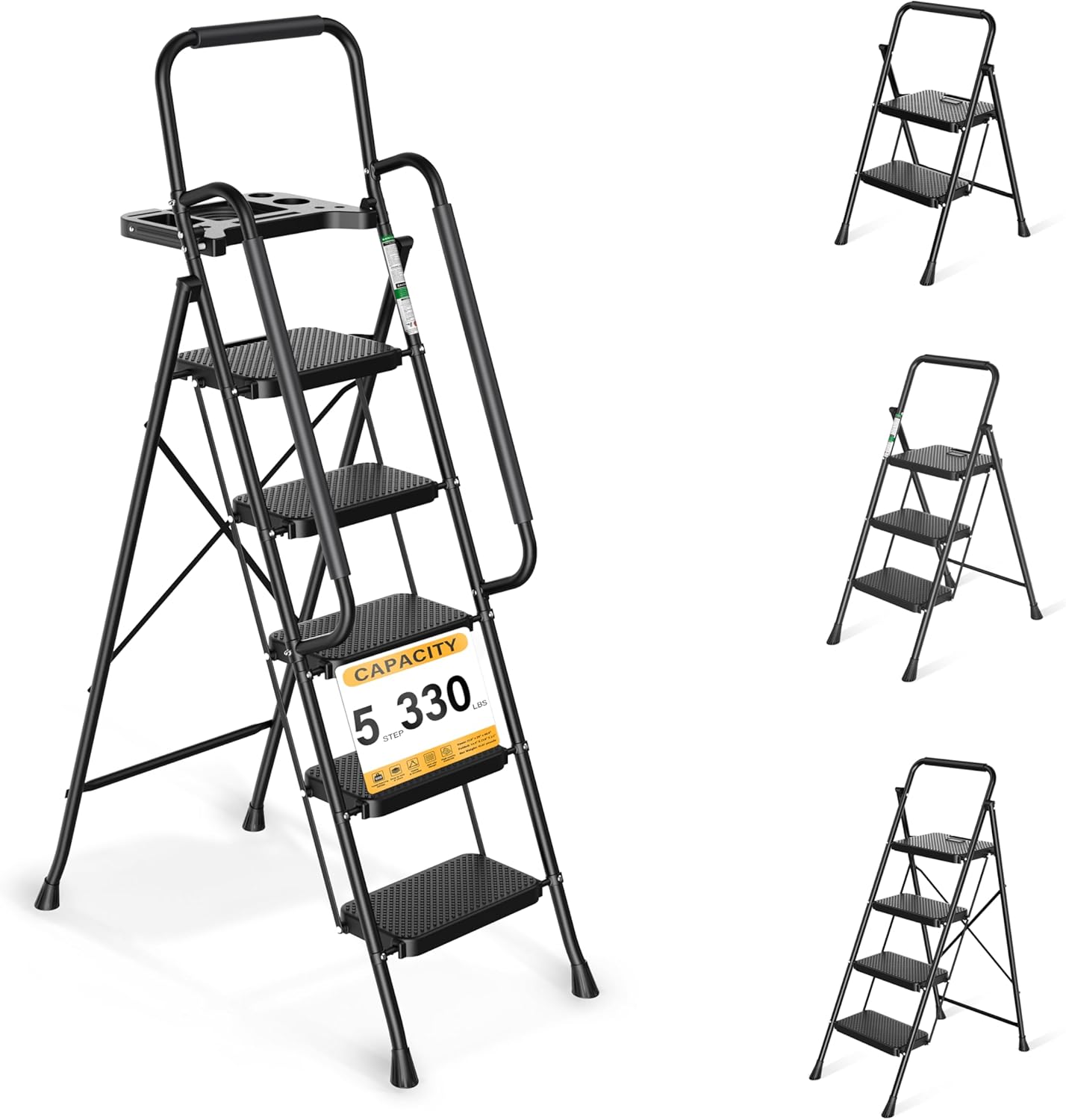 Step Ladder, Folding Step Stool with Wide Anti-Slip Pedals, Sturdy Steel Ladder with Handrail, Space-Saving, Portable for Home & Adults, 5 Step Ladder